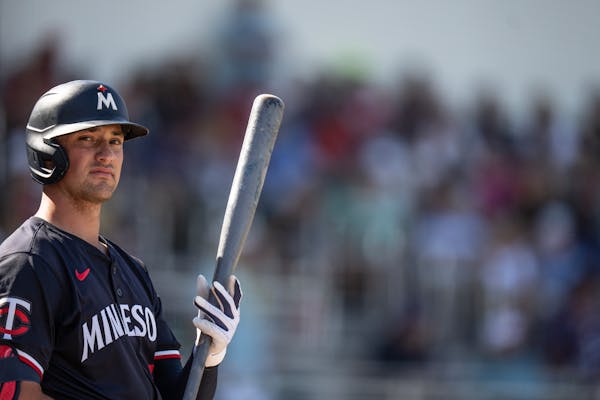 Twins prospect Brooks Lee waits on deck during a spring training game Feb. 25 in Fort Myers, Fla.