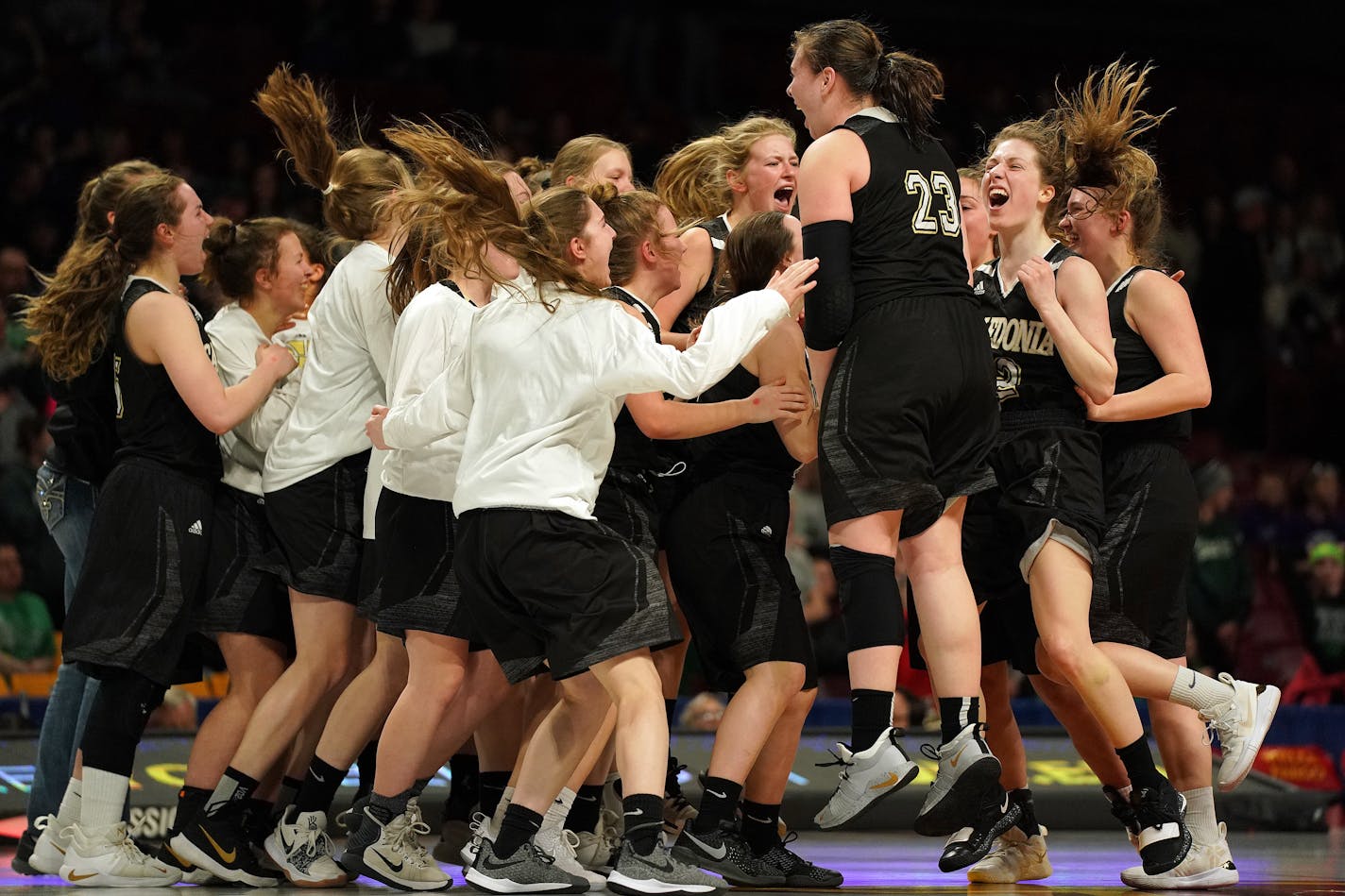 Caledonia guard Katie Tornstrom (23) celebrated the win over Roseau on Friday.