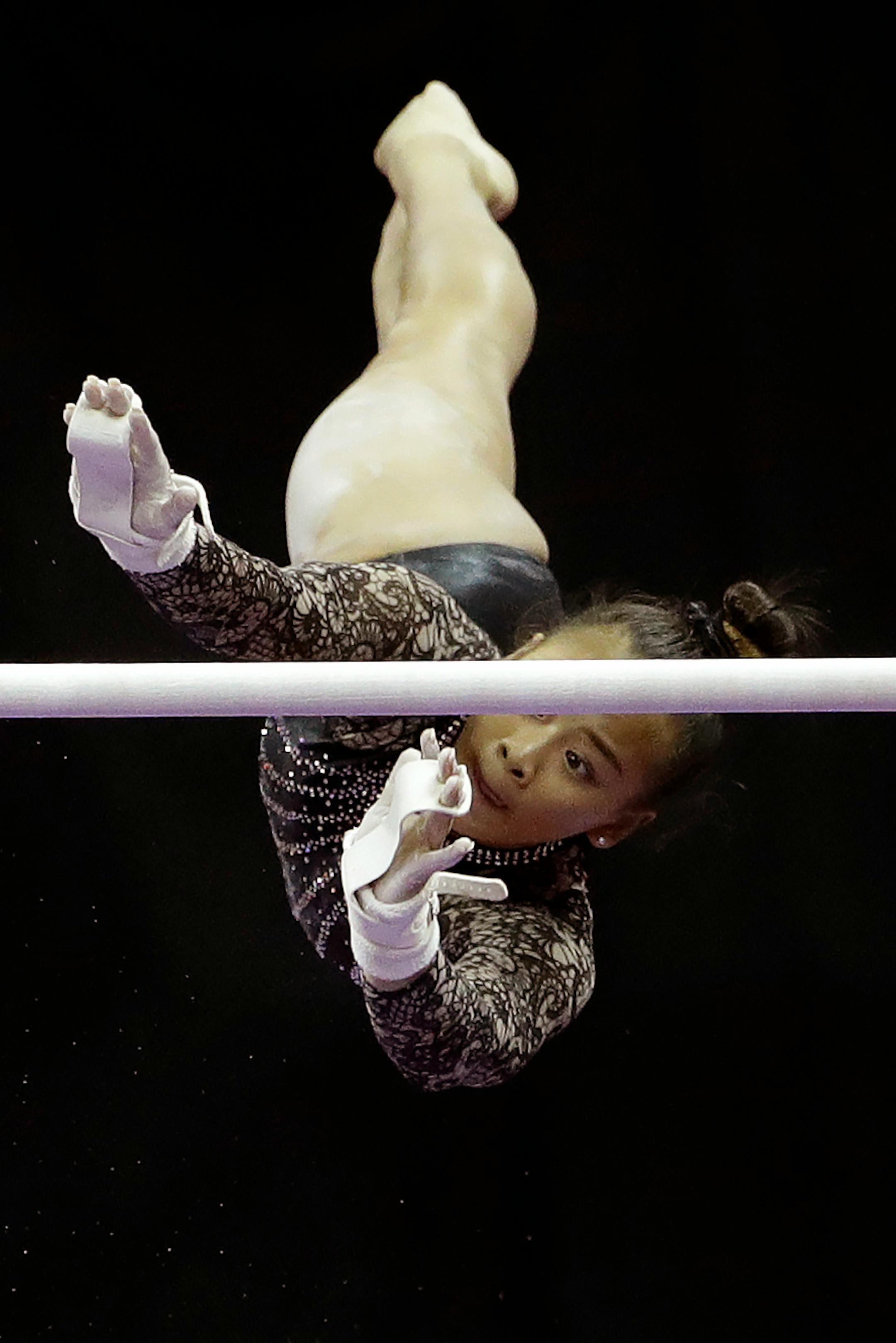 Sunisa Lee competes on the uneven bars during the senior women's competition at the 2019 U.S. Gymnastics Championships Sunday, Aug. 11, 2019, in Kansas City, Mo. Lee finished second in the all-around.