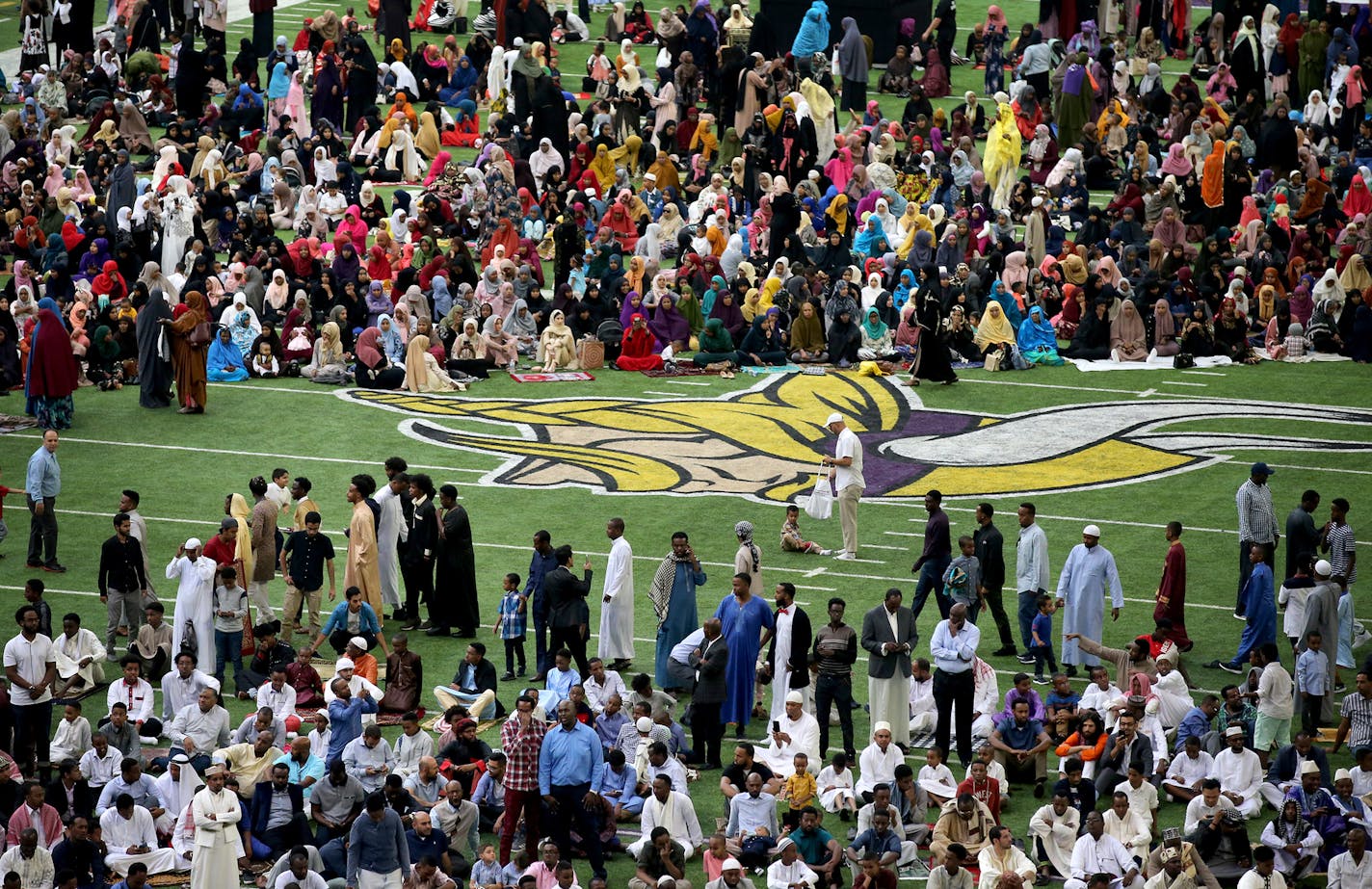 To celebrate Eid ul-Adha, the organization Super Eid hopes to bring together over 50,000 Muslims to pray. Here, Muslim worshipers gather on the field for the morning prayers Tuesday, Aug. 21, 2018, at U.S. Bank Stadium, in Minneapolis, MN.] DAVID JOLES &#xef; david.joles@startribune.com To celebrate Eid ul-Adha, the organization Super Eid hopes to bring together over 50,000 Muslims to pray Tuesday at U.S. Bank Stadium. A celebration will follow at The Commons park adjacent to the stadium.** ,cq