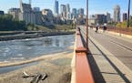 People wandered the Mississippi River bottom Monday afternoon below the Stone Arch Bridge as the Army Corps of Engineers lowered the river to allow in