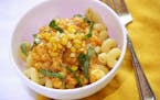 Pasta in Creamy Corn Sauce With Frizzled Corn.