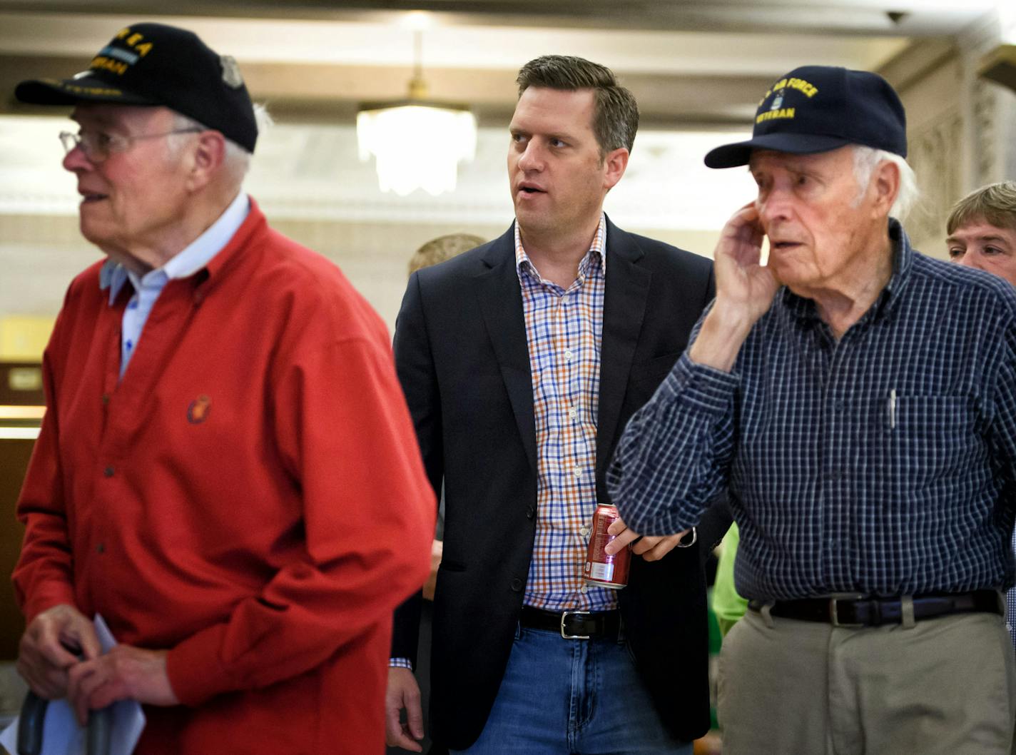 House Speaker Kurt Daudt walked into the news conference with Korean war veterans Wayne and Wendell Carrier. The 86-year-old veterans need the relief provided in the stalled tax bill. At a press conference today Republicans called on Governor Dayton to sign the tax bill and brought out a group of Minnesotans waiting for the relief offered in the bill. ] GLEN STUBBE * gstubbe@startribune.com Monday, June 6, 2016, At a press conference today Republicans called on Governor Dayton to sign the tax bi