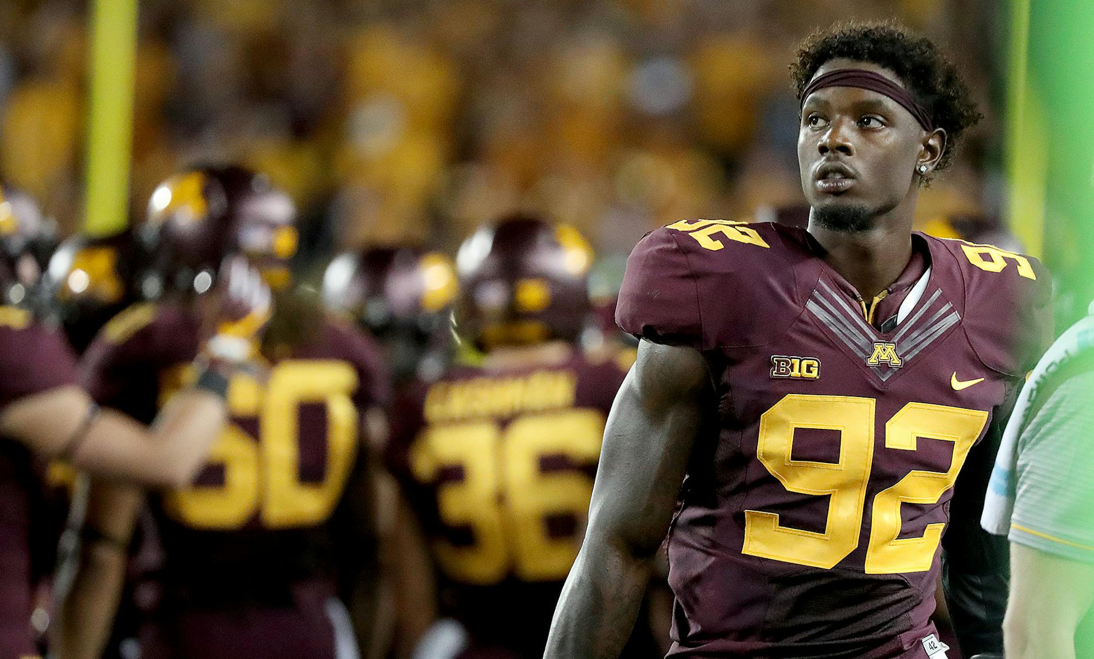 Minnesota Gophers defensive lineman Tai'yon Devers made his way off the field during the third quarter as the Gophers took on Oregon State at TCF Bank Stadium, Thursday, September 1, 2016 in Minneapolis, MN. ] (ELIZABETH FLORES/STAR TRIBUNE) ELIZABETH FLORES &#x2022; eflores@startribune.com