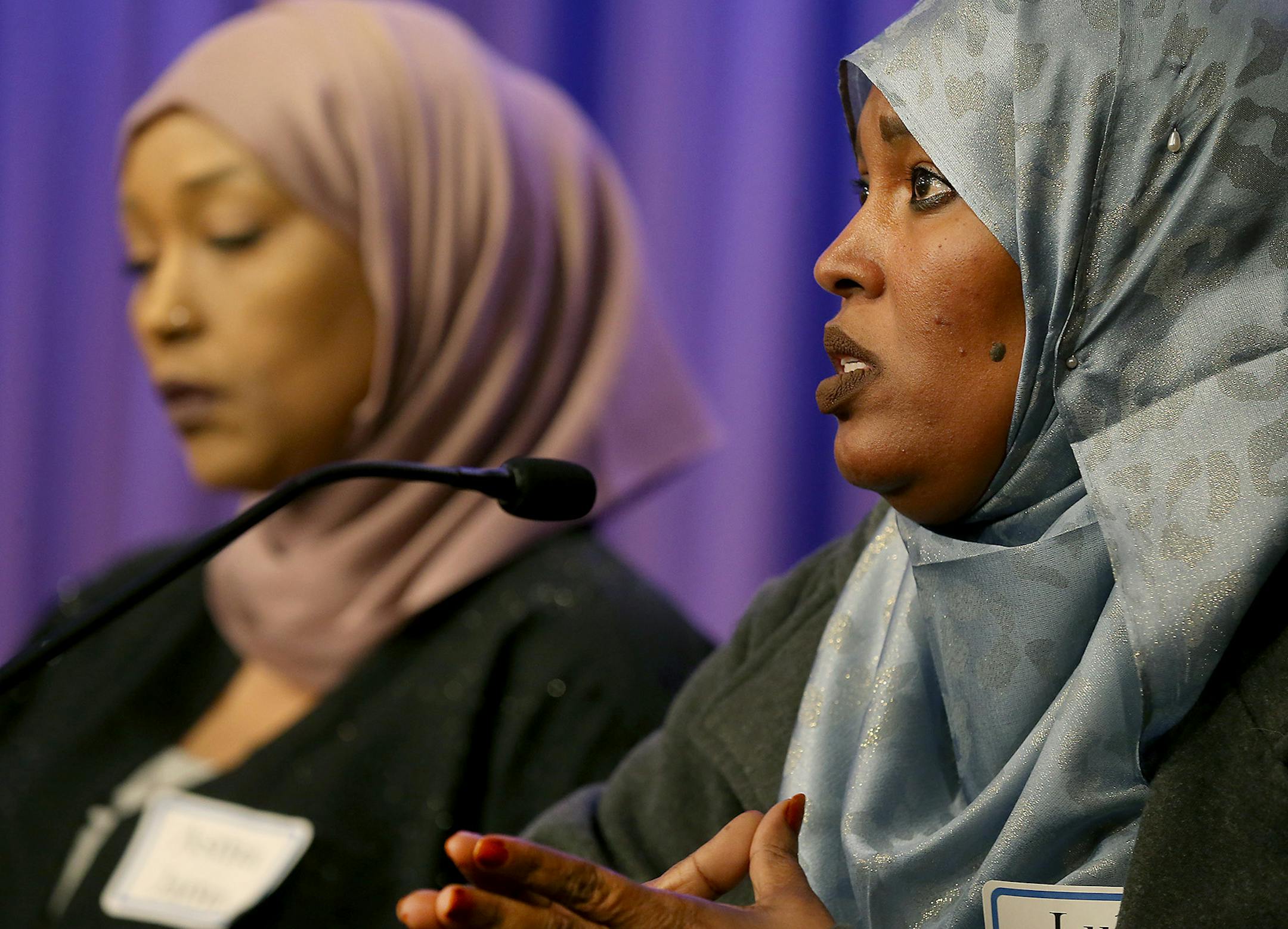 Lulu Hersi was one of four panelists who spoke of their experiences of racial attacks during a forum about Islamophobia at the Dorsey & Whitney Law Firm, Wednesday, April 13, 2016 in Minneapolis, MN. Reports of Islamophobia has prompted members of the legal community to gather for a Wednesday discussion including Vice President Walter Mondale, Minnesota's chief federal judge, U.S. attorney and Chief Judge and its vice chair of the North American Somali Bar Association. ] (ELIZABETH FLORES/STAR T