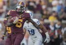 Minnesota's wide receiver Tyler Johnson ran for a touchdown in the first quarter as they took on the Buffalo Bulls at TCF Bank Stadium, Thursday, Augu