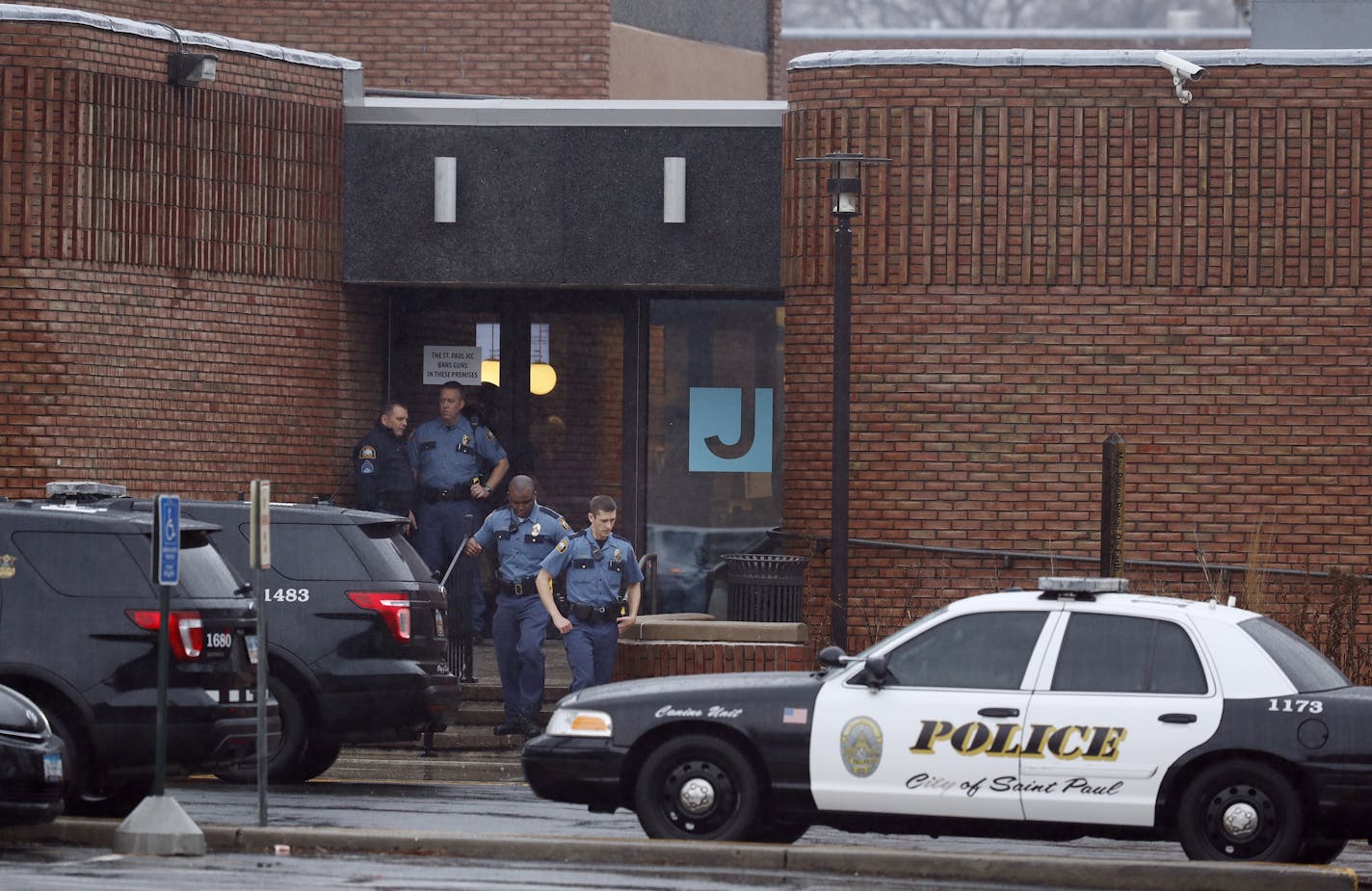 St. Paul Police officers stood out front of The St. Paul Jewish Community Center after it was evacuated after receiving a bomb threat Monday February 20, 2017 in St.Paul, MN.