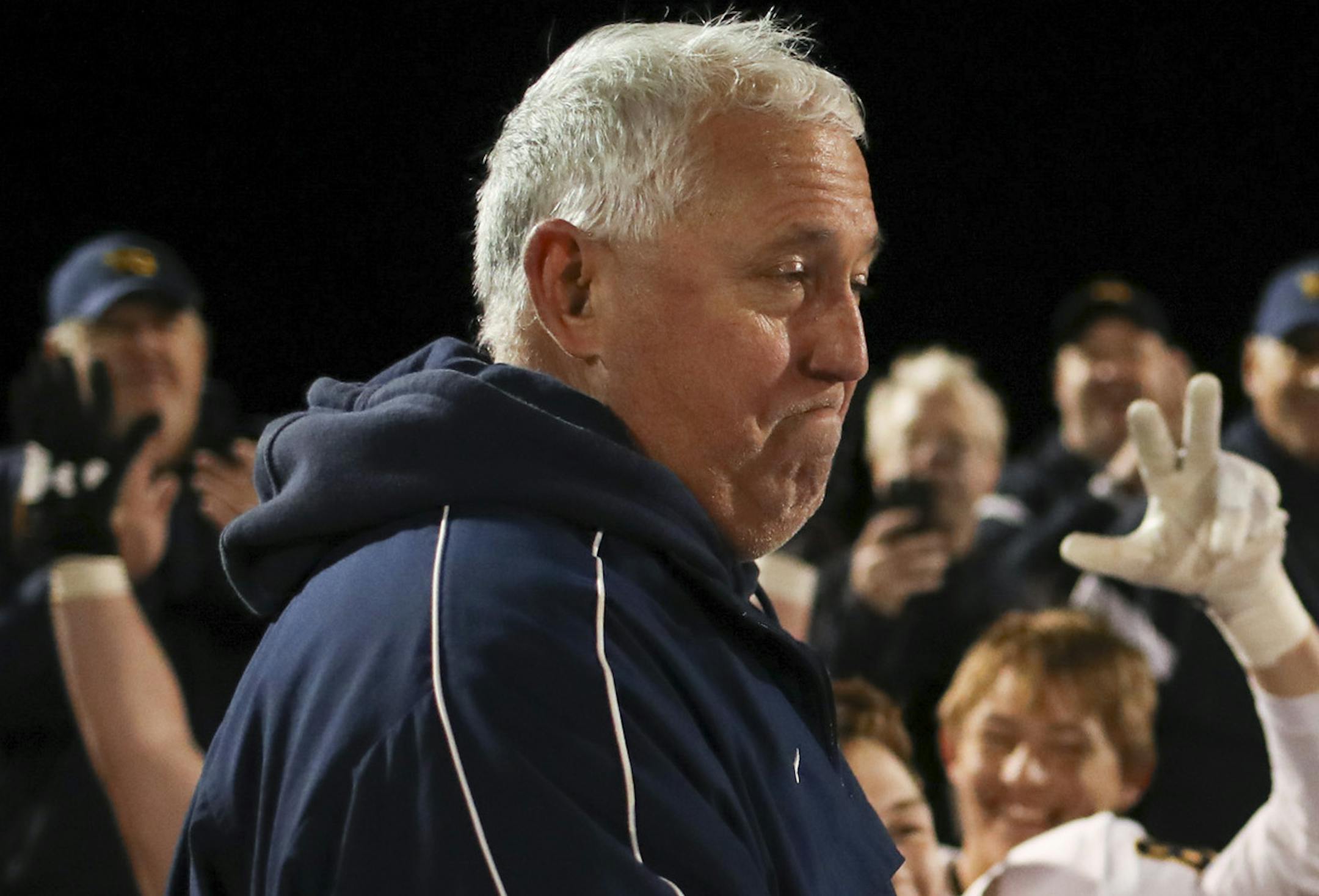 With his players gathered before him on the field after their win, Totino-Grace head coach Jeff Ferguson invited his players to a party downtown near his home in downtown Minneapolis ñ at U.S. Bank Stadium for the next round of playoffs. ] JEFF WHEELER ï jeff.wheeler@startribune.com Totino-Grace remained unbeaten after dominating Lakeville North 42-14 in their Class 6A football quarterfinal playoff game at Kuhlman Field in Edina Thursday night, November 10, 2016.