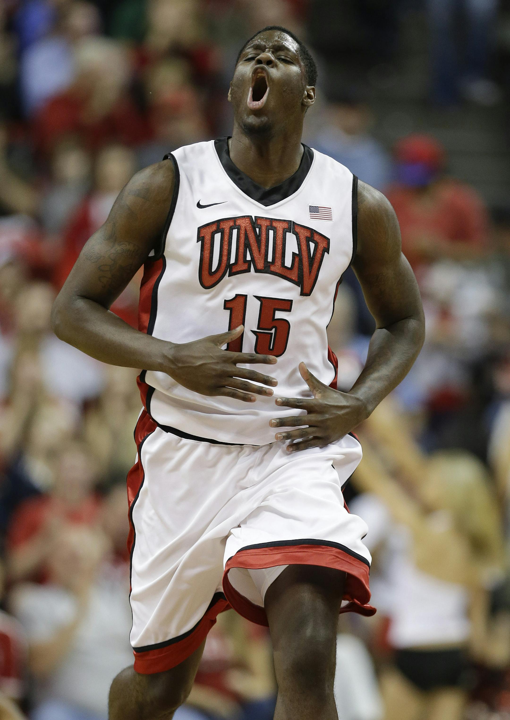 UNLV's Anthony Bennett reacts after scoring against Oregon in the first half of an NCAA college basketball game, Friday, Nov. 23, 2012, in Las Vegas. (AP Photo/Julie Jacobson) ORG XMIT: NYOTK