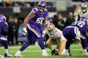 Dalton Risner (66) started in place of the injured Ezra Cleveland at left guard Monday against the 49ers.