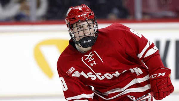 Wisconsin's Cole Caufield during an NCAA hockey game against the Boston College on Friday, Oct. 11, 2019 in Chestnut Hill, Mass. (AP Photo/Winslow Tow