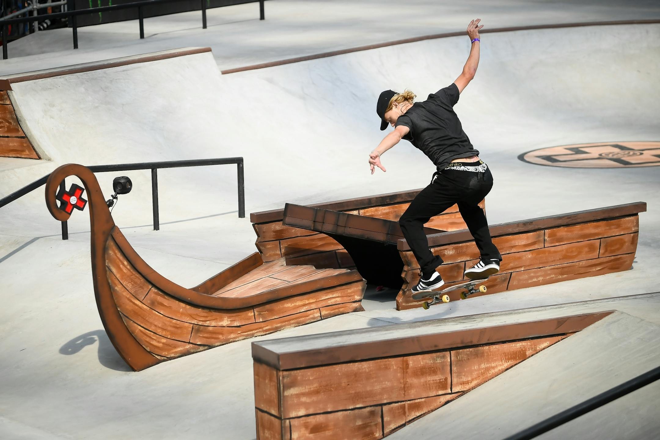 Rochester's Alec Majerus ollied into a grind during his second run in the X Games skateboarding street qualifiers Friday.