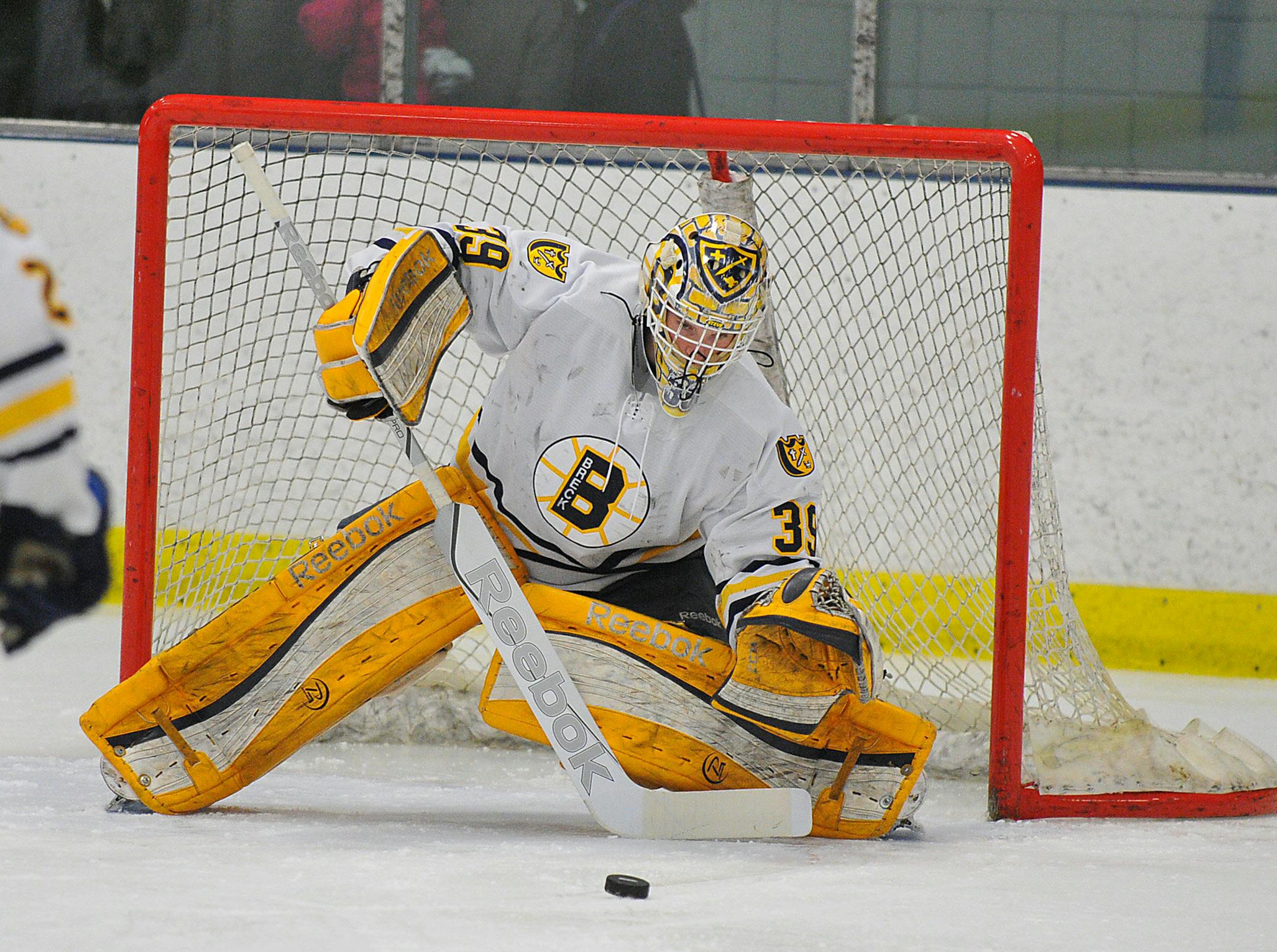 Breck goalie Stephen Headrick, Section 2A final vs. Delano, Feb. 26, 2015. Photo by Rick Orndorf