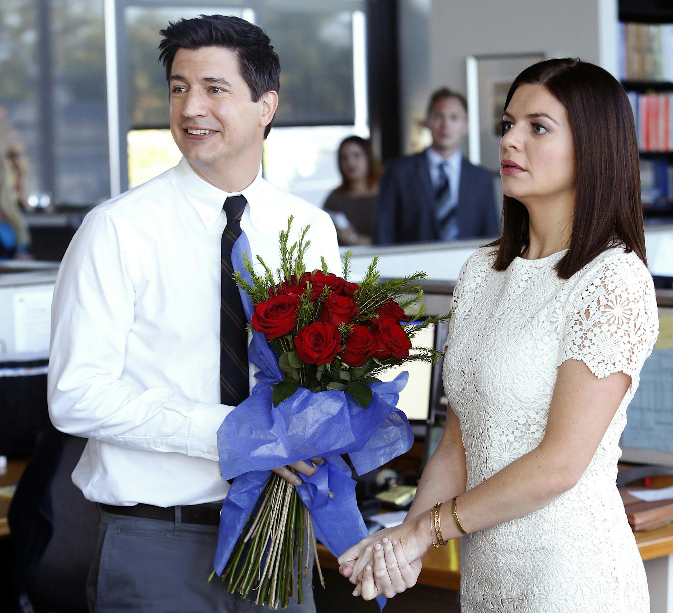 In this image released by NBC, Casey Wilson, right, and Ken Marino appear in a scene from the comedy series "Marry Me," premiering Tuesday, Oct. 14, 2014 at 9 p.m. ET on NBC. (AP Photo/NBC, Greg Gayne)