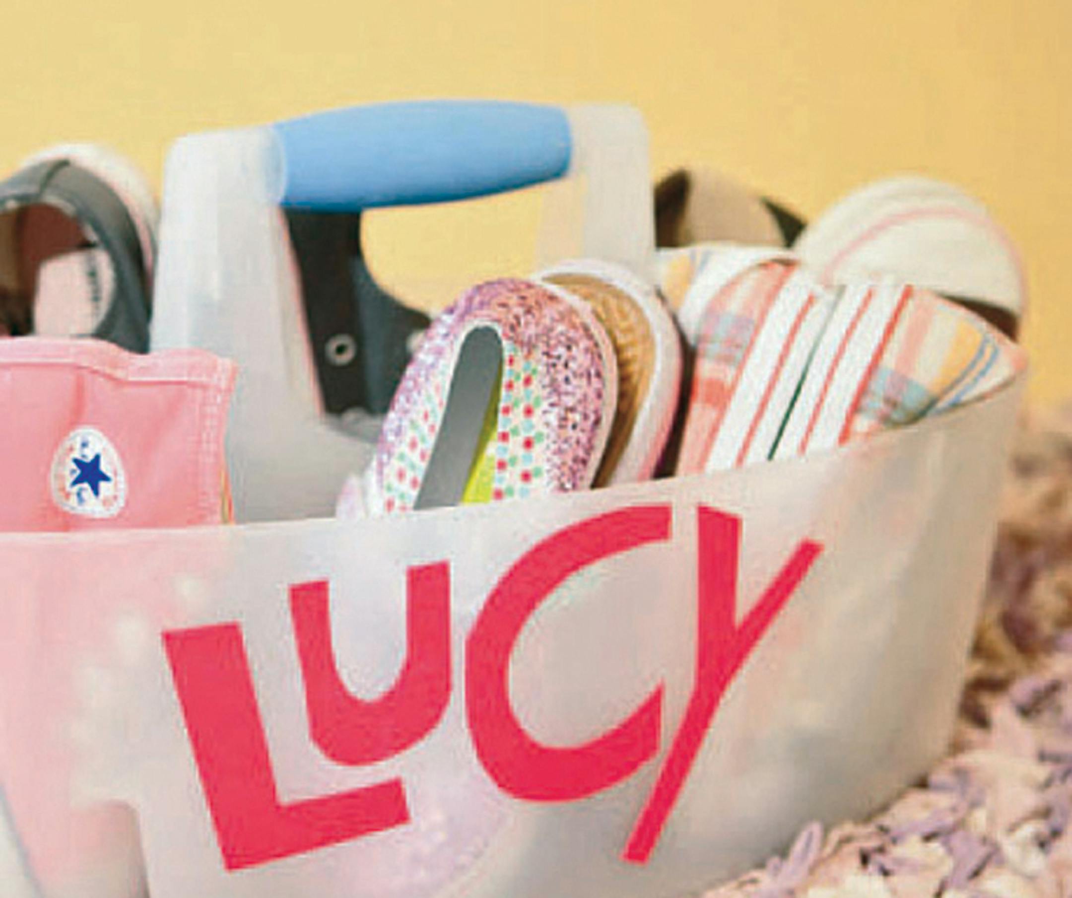 Tame those piles of sandals and sneakers by giving each child a plastic utility caddy.