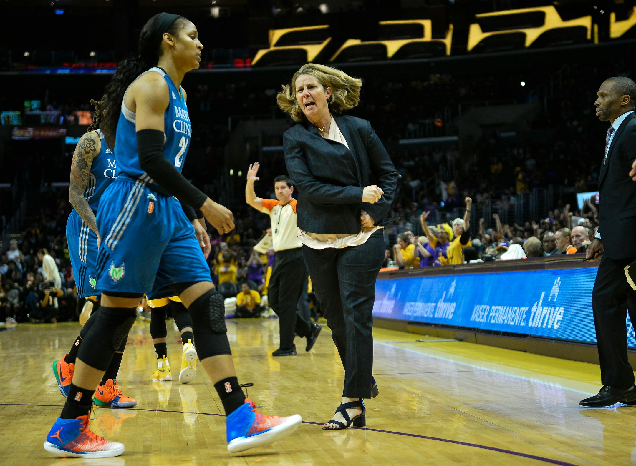 Lynx coach Cheryl Reeve yelled at forward Maya Moore as she walks back to the bench during a Minnesota timeout, called after an early second-half scoring streak by Los Angeles during Game 3 of the WNBA Finals