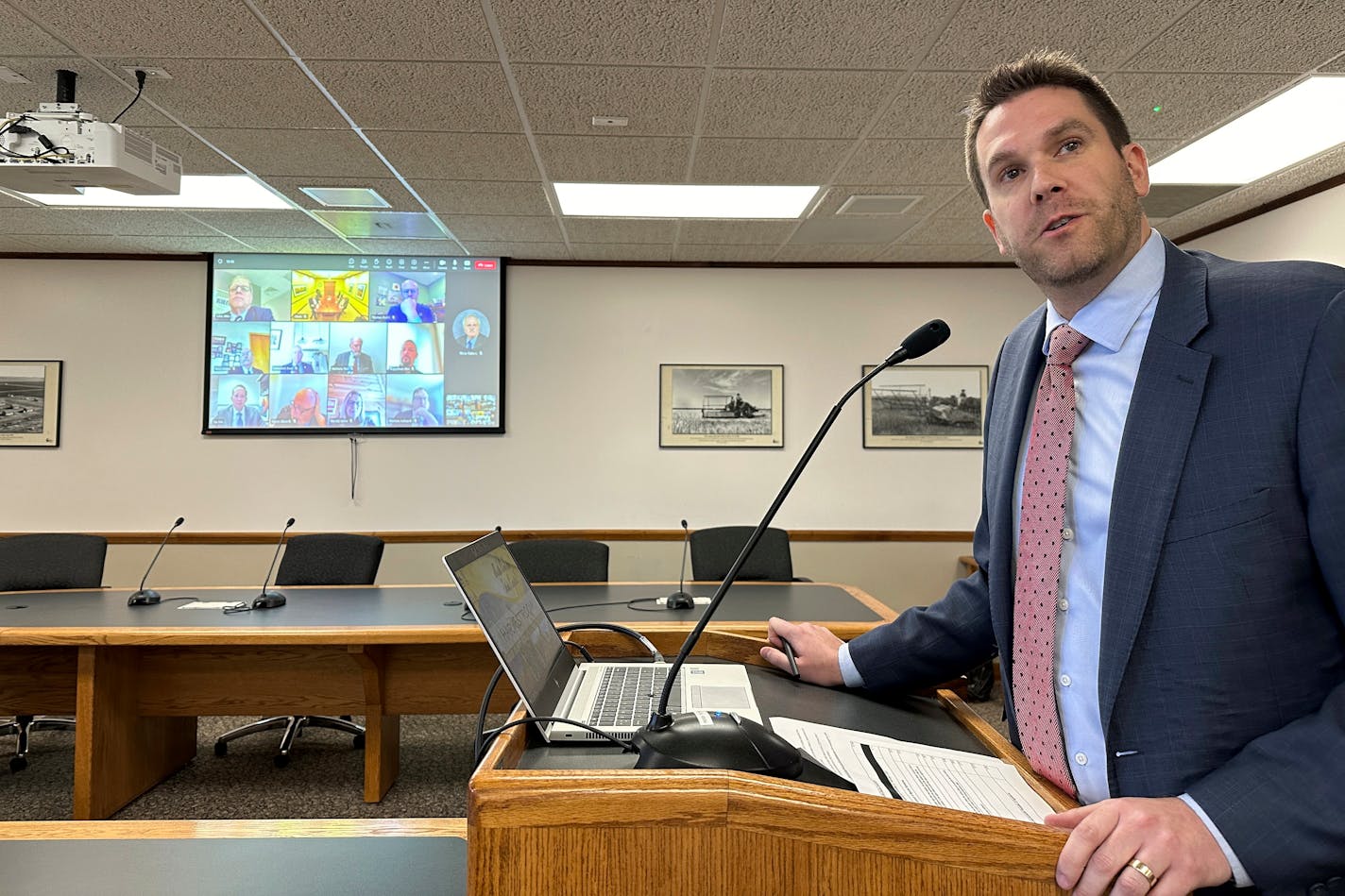 North Dakota Secretary of State Michael Howe addresses Legislative Management during a video conference meeting of the top legislative panel, Wednesday, April 3, 2024, at the state Capitol in Bismarck, N.D.