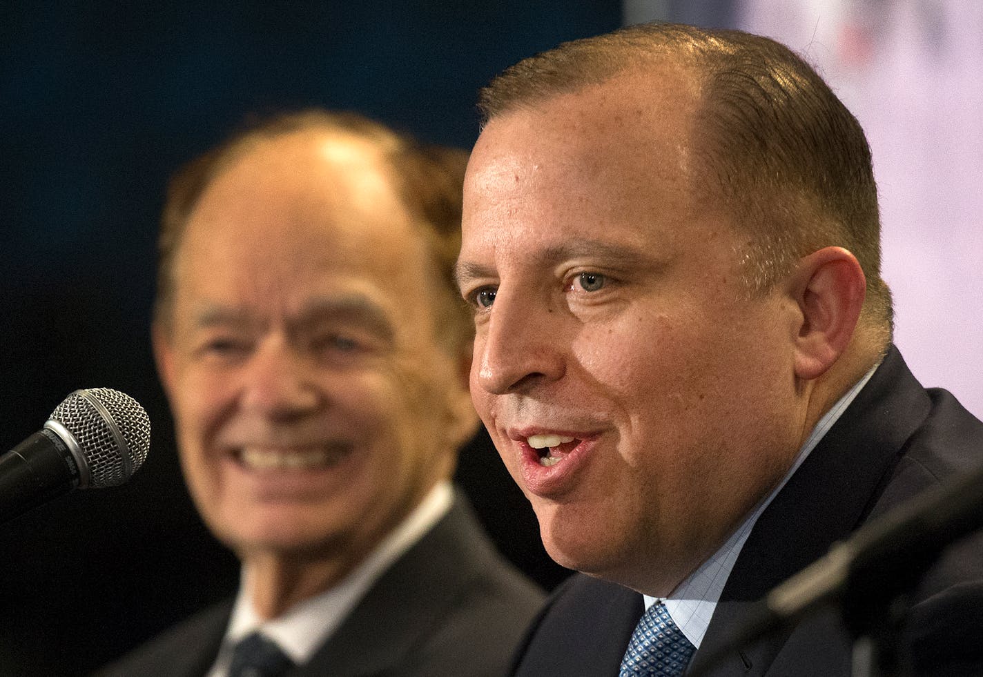 Wolves coach and president of basketball operations Tom Thibodeau, right, with Wolves owner Glen Taylor.