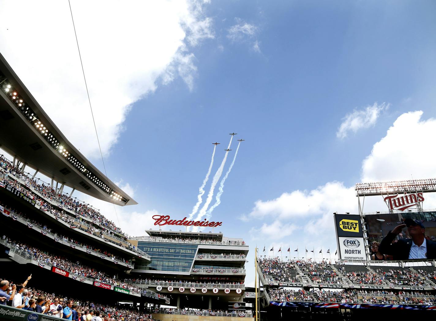 Military aircraft flew over Target field before the start of MLB action between the Minnesota Twins and New York Yankees at Target Field Sunday July 6, 2014 in Minneapolis, MN Jerry Holt Jerry.holt@startribune.com