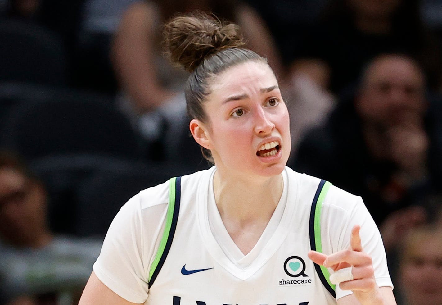 Jessica Shepard (10) of the Minnesota Lynx reacts in the second half against the Seattle Storm at Climate Pledge Arena on May 6, 2022 in Seattle. (Steph Chambers/Getty Images/TNS) ORG XMIT: 47967262W