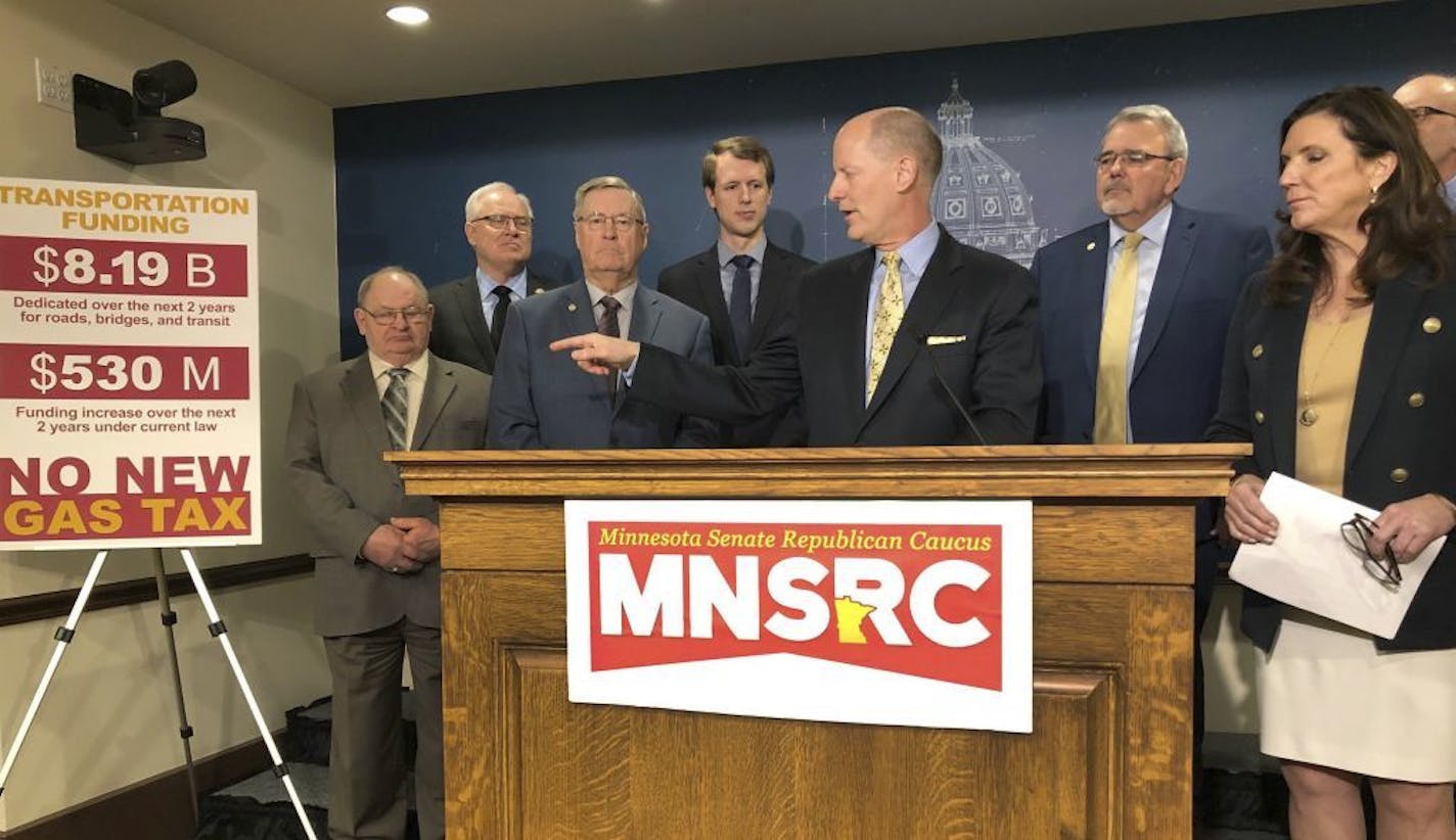 Minnesota Senate Majority Leader Paul Gazelka discusses the Senate GOP budget proposal at a news conference at the state Capitol on Thursday, March 28, 2019. Flanked by other Senate Republicans, Gazelka says their plan would balance the budget without raising taxes, in contrast with Democratic Gov. Tim Walz's plan.