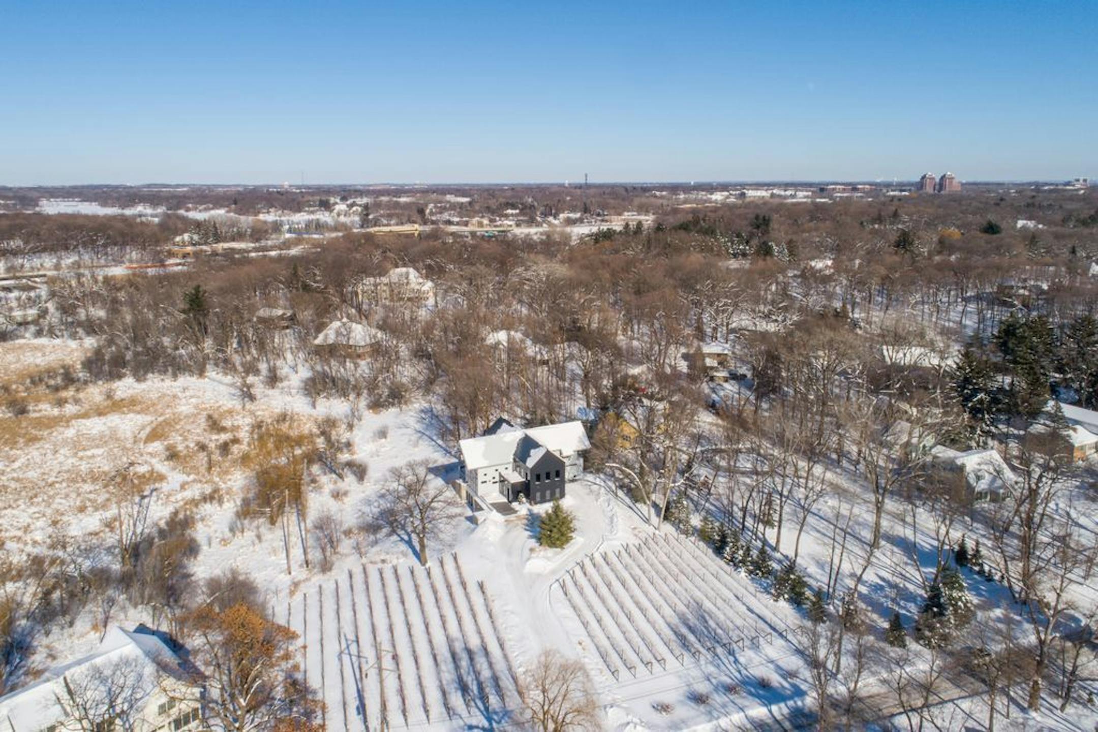 Aerial view of the 2-acre property with vineyard.