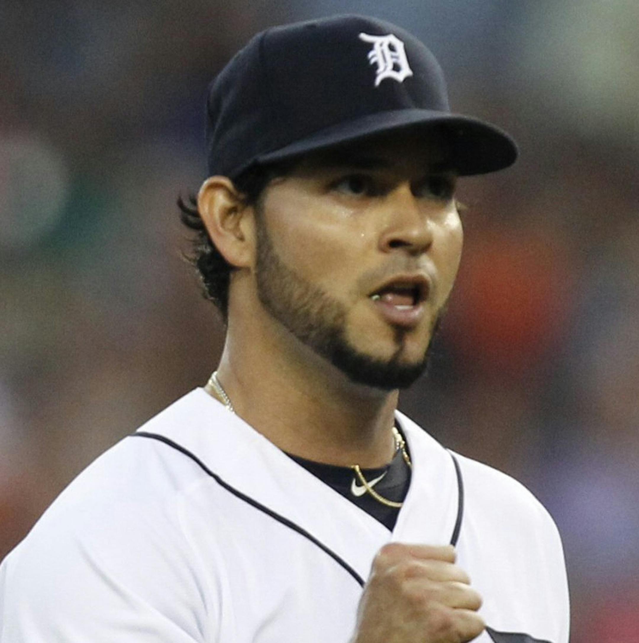 Detroit Tigers' Anibal Sanchez reacts after getting a strike out to end the fourth inning of baseball game against the Minnesota Twins at Comerica Park in Detroit, Michigan, Wednesday, August 21, 2013. (Julian H. Gonzalez/Detroit Free Press/MCT)