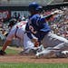 (left to right) Minnesota Twins catcher Josmil Pinto went wide for the throw as Rangers Leonys Martin scored in the 2nd inning.] Twins vs. Rangers, 5/