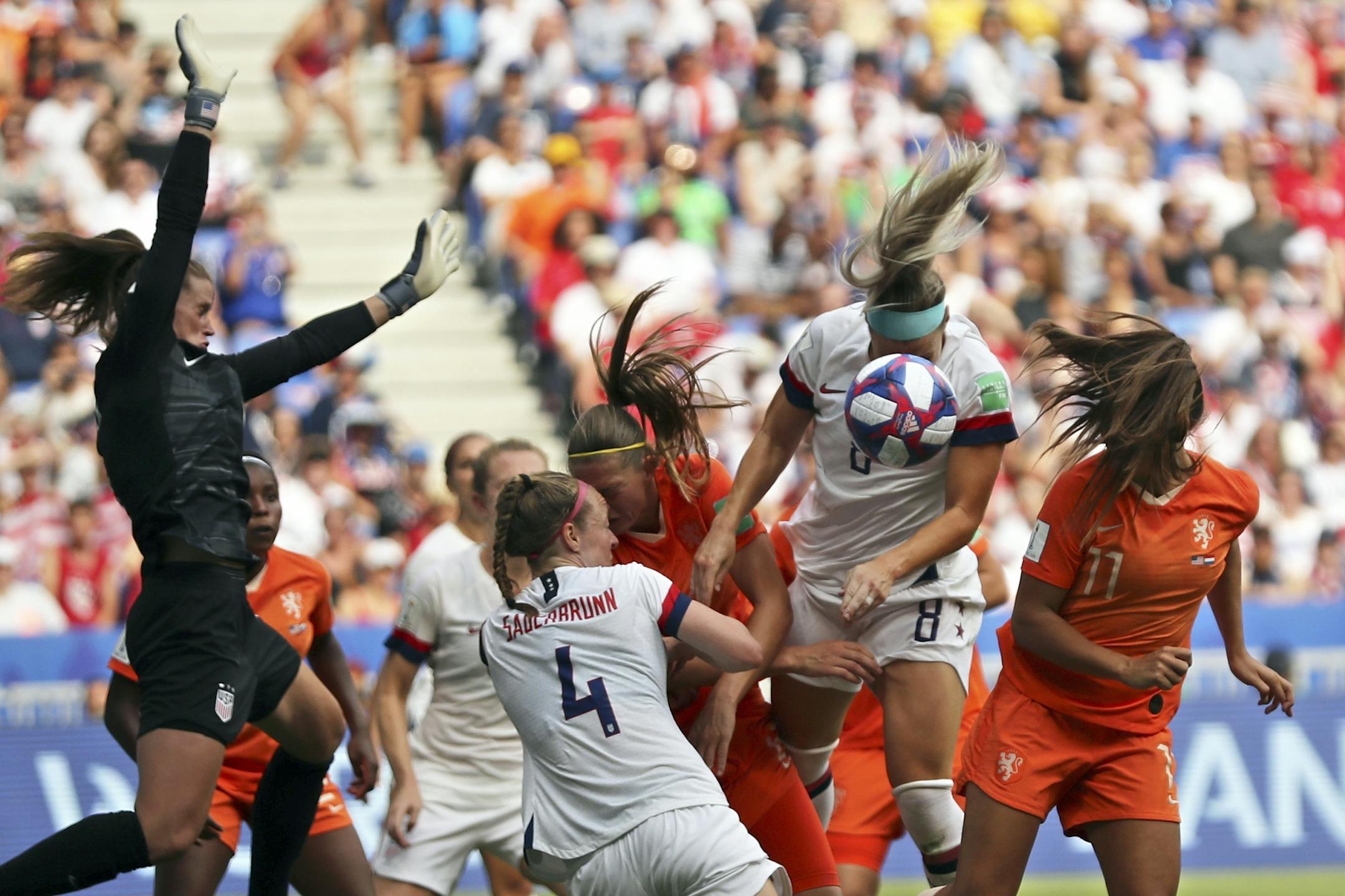 United States' Julie Ertz (8) heads the ball during the Women's World Cup final soccer match between U.S. and The Netherlands at the Stade de Lyon in Decines, outside Lyon, France, Sunday, July 7, 2019.
