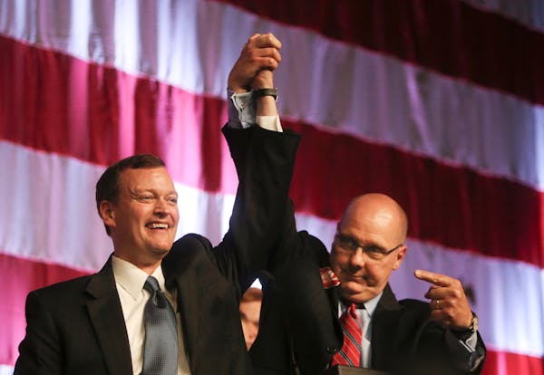 After Dave Thompson formally withdrew he came back on stage to celebrate with winner Jeff Johnson, who got the endosement from the Republican party fo
