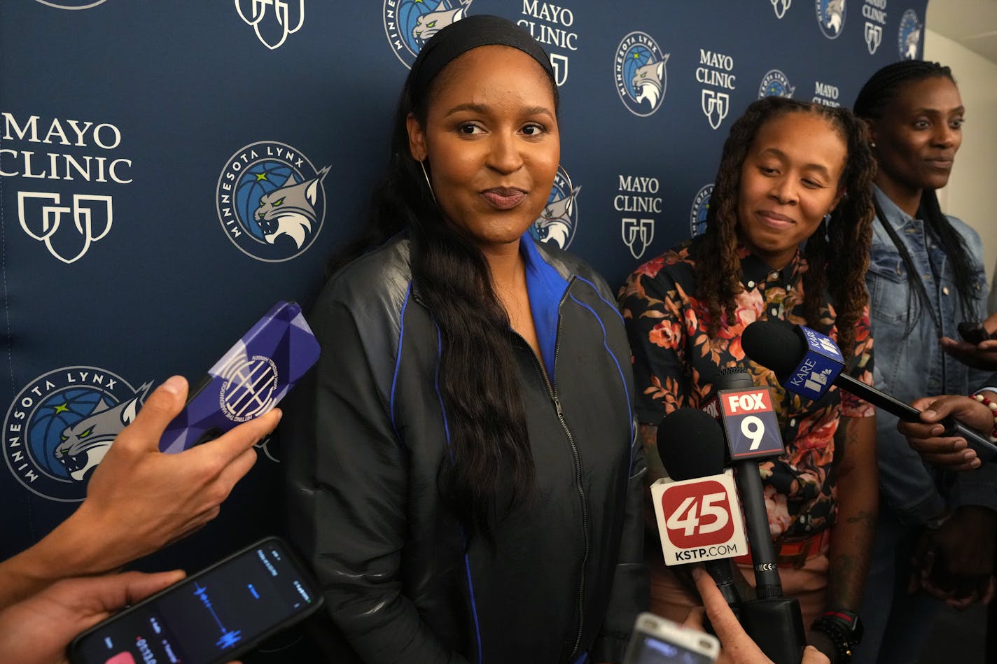 Former Lynx players Maya Moore, Seimone Augustus and Sylvia Fowles take questions from reporters Friday before being honored as part of the Lynx's 25-year celebration.