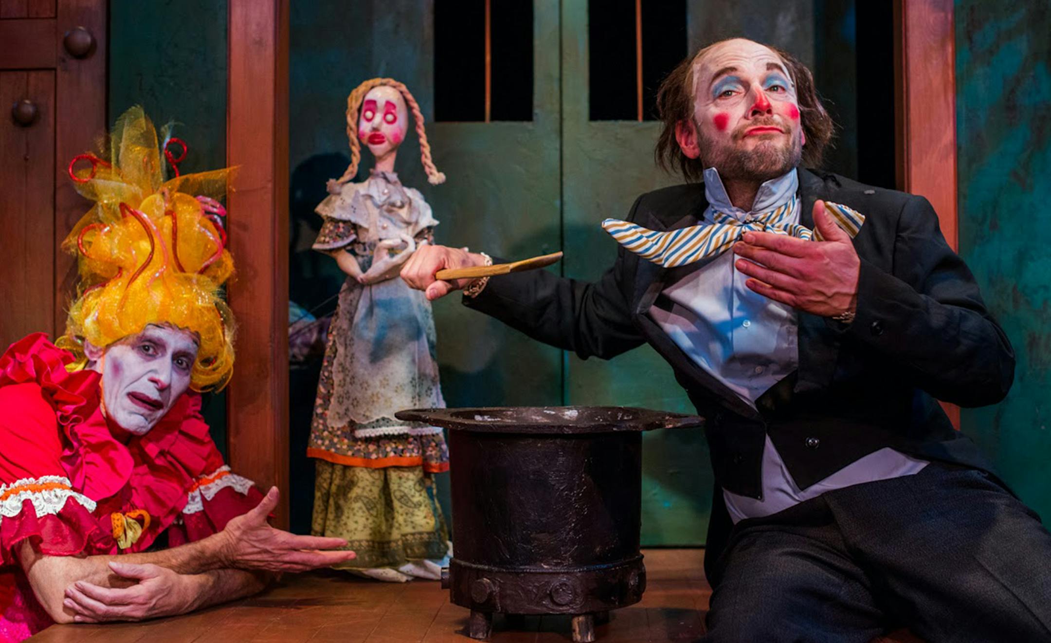 Mark Vancleave Robert Rosen as the Stepmother and Julian McFaul as the Father in "The Juniper Tree" at Open Eye Figure Theatre.