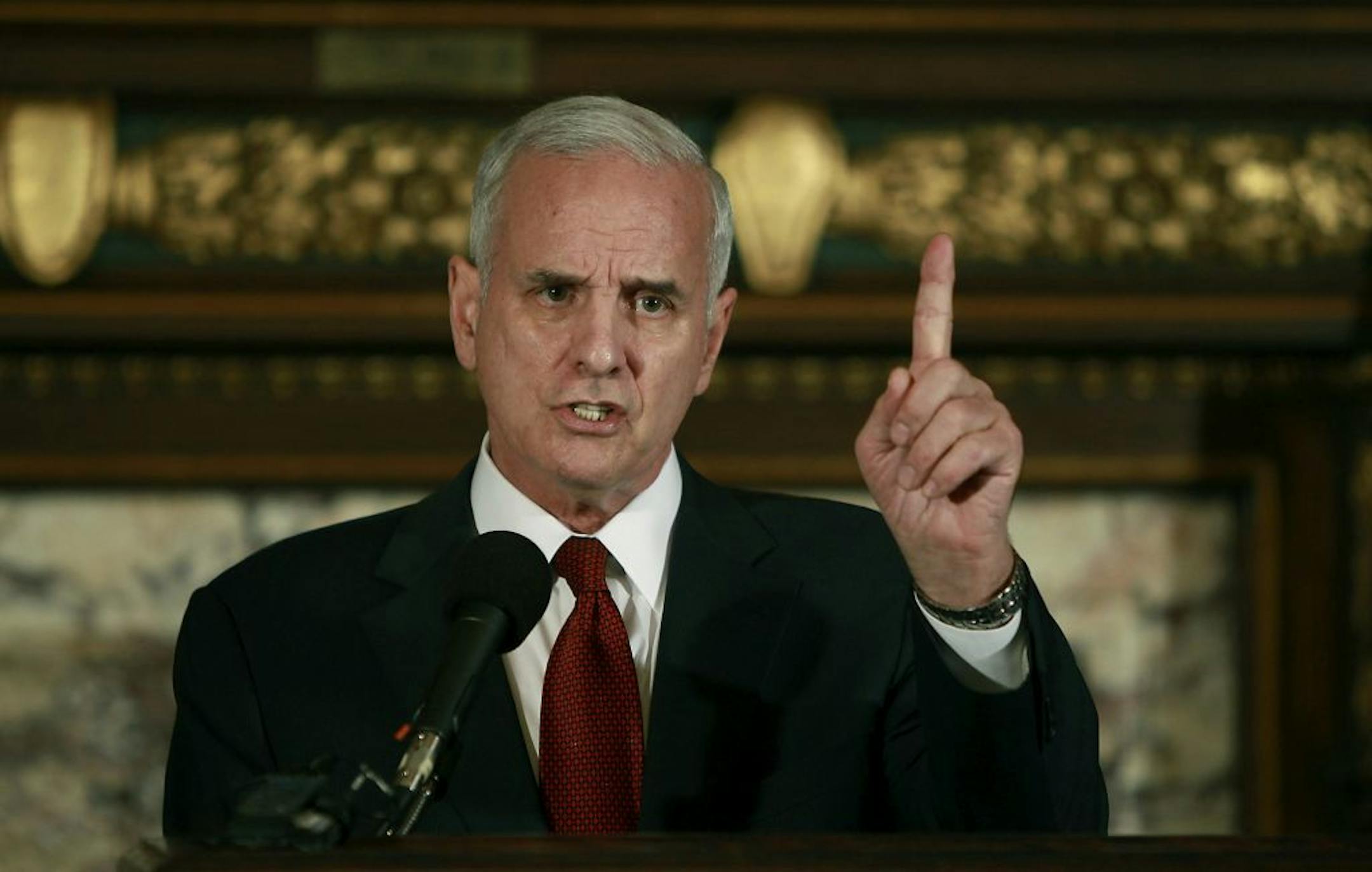 Governor Mark Dayton showed his frustrations on how Assistant Majority Leader David W. Hann unilaterally blocked the use of nearly $25 million of federal funds to help thousands of sick, disabled, and elderly people throughout Minnesota. Part of the funding would connect 5,000 cancer-afflicted Minnessota childlren and their parents to potentially life-savinng research. Governor Dayton also expressed his frustrations regarding the Viking stadium at the State Capitol, Tuesday, November 8, 2011. (E