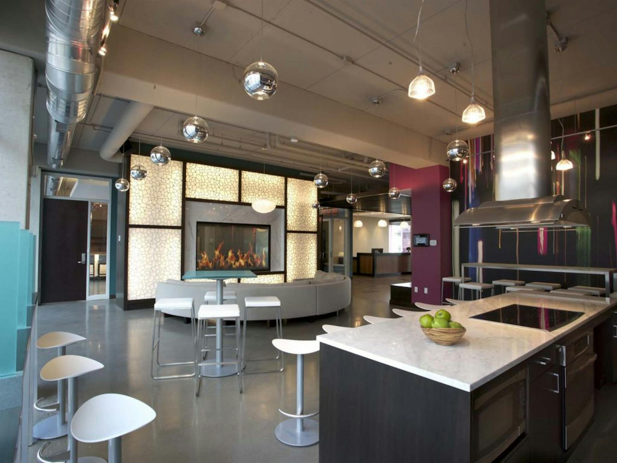 The Internet cafe at Flux Apartments in the Uptown neighborhood of Minneapolis offers a demonstration kitchen.