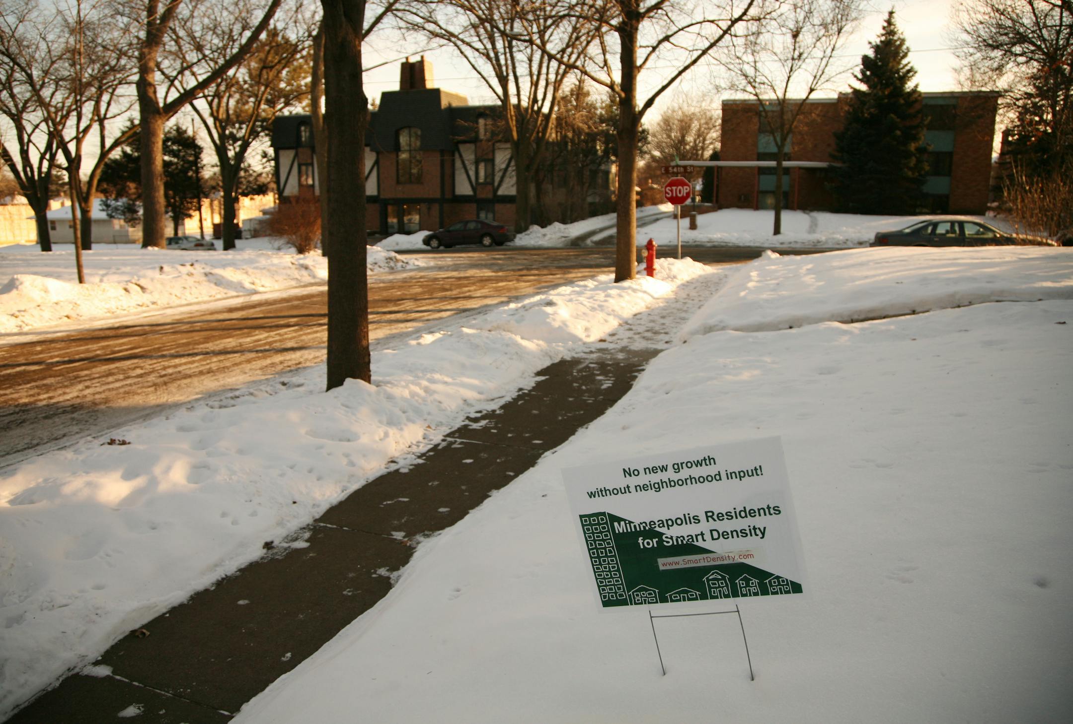 A sign opposing a south Minneapolis affordable-housing project is posted on the lawn of a house on 1st Avenue S. near E. 54th Street.