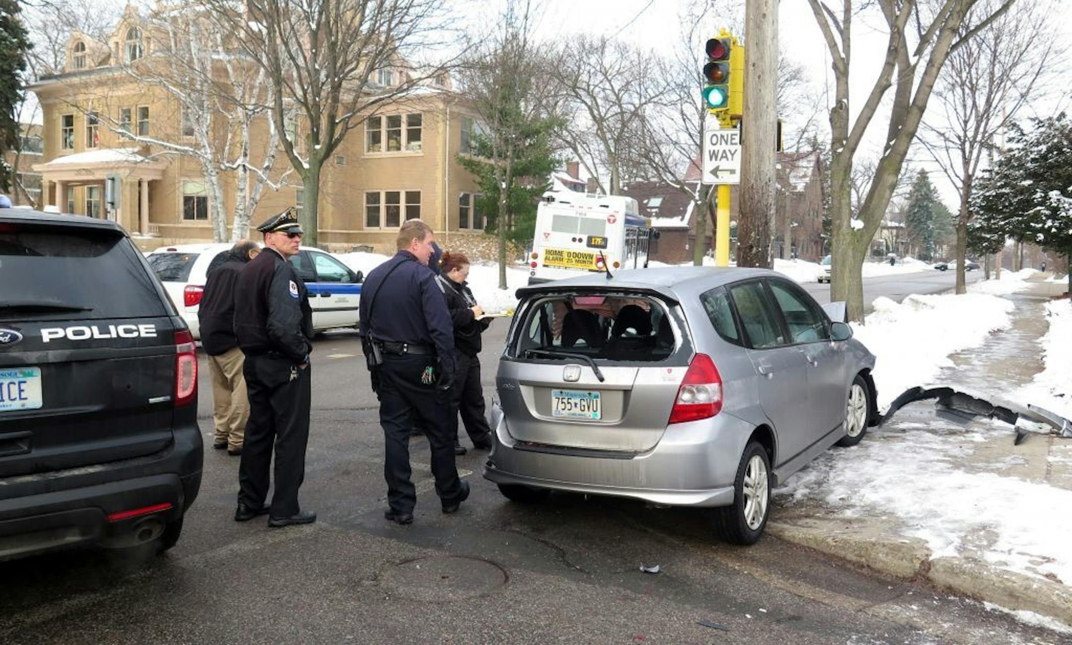 An MTC bus ended up on the sidewalk on 24th Street after it was hit by a car at the intersection of Blaisdell and 24th Thursday morning, March 20, 2014.