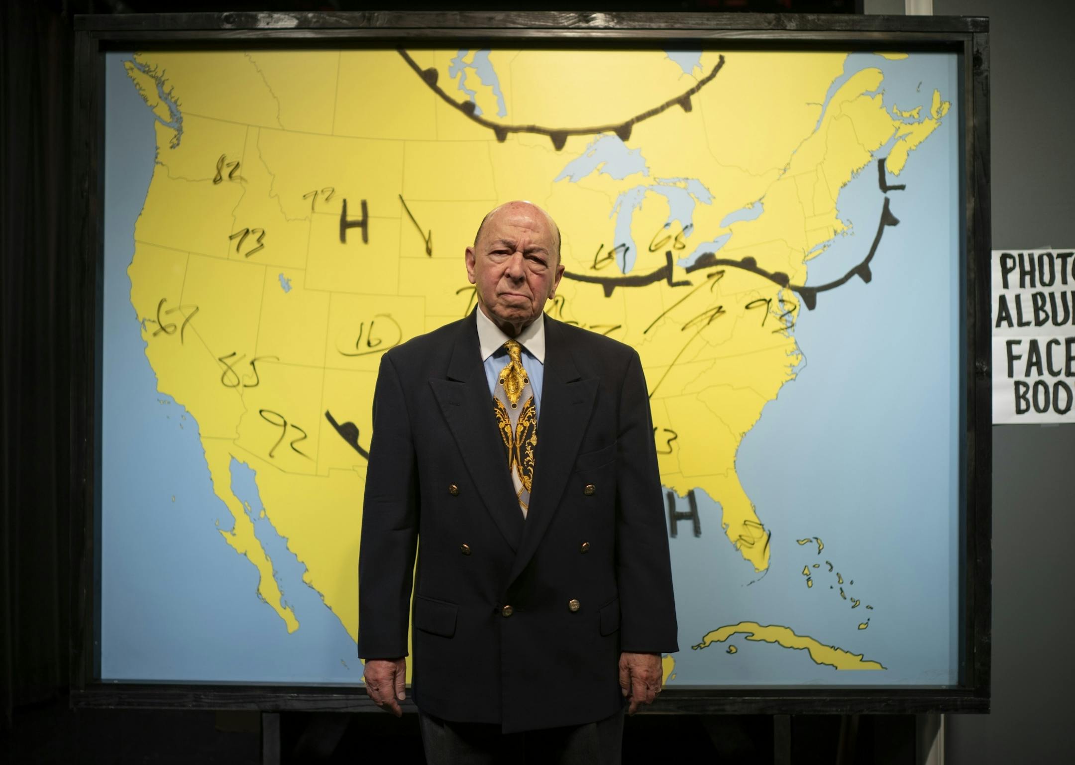 Barry ZeVan, the flamboyant retired Twin Cities weatherman, in the studio after a taping of his Retro Weather show.