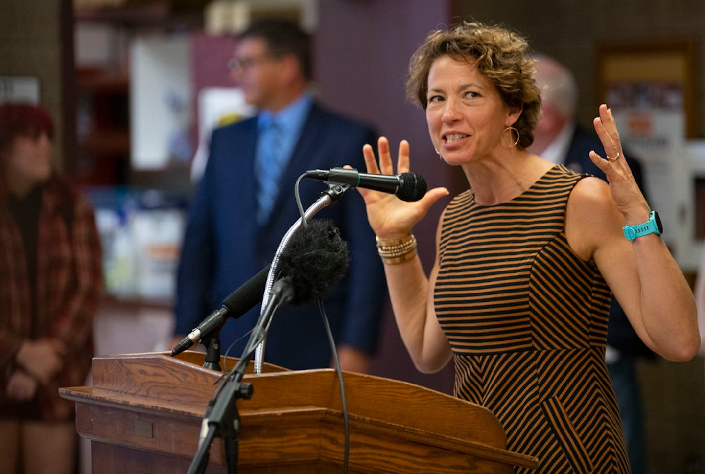 Duluth Mayor Emily Larson spoke at a press conference after visiting students at Denfeld High School in Duluth as part of the Governor and Lt. Governo