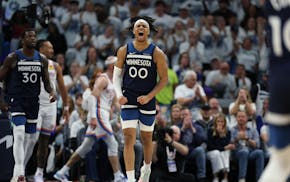Wolves's Terrence Shannon Jr. celebrates after scoring in the second quarter.