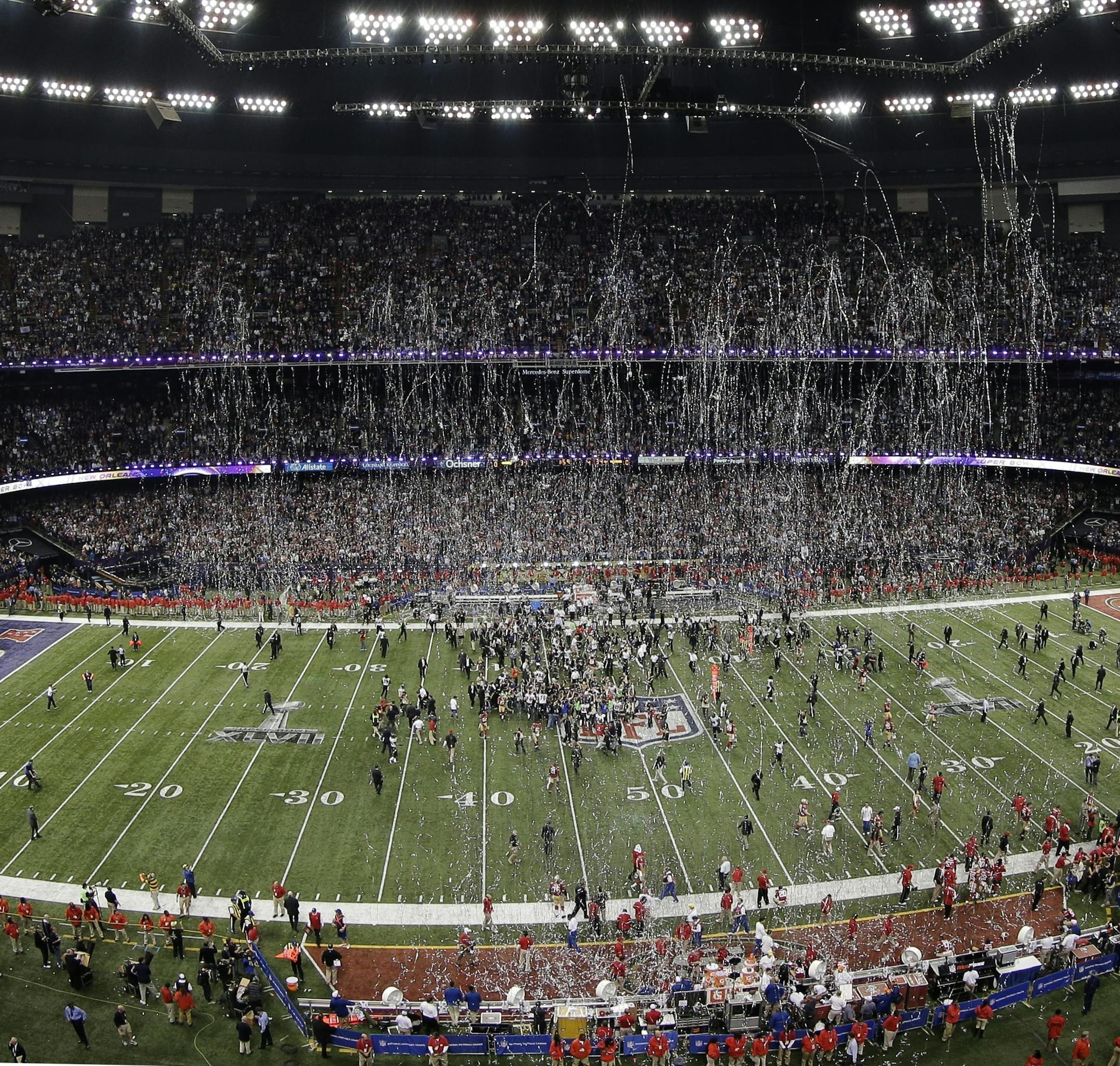 FILE - In this Feb. 3, 2013, file photo, Streamers and confetti fall after the Baltimore Ravens won the NFL Super Bowl XLVII football game 34-31 over the San Francisco 49ers in New Orleans. When a record New Orleans Bowl crowd of well over 50,000 files into the Superdome on Saturday night, Dec. 21, it will mark the latest success of an institution created a quarter century ago with the hope of making the Big Easy a premier sports tourism destination. The Greater New Orleans Sports Foundation thi