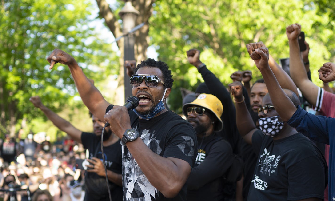 One of the final speakers, Marques Armstrong, addressed the crowd seated on Summit Ave. ] JEFF WHEELER • Jeff.Wheeler@startribune.com A protest held at the Governor's residence in St. Paul Monday afternoon, June 1, 2020 calling for the other three policemen involved in the death of George Floyd to be charged was ended abruptly when a security threat was reported.