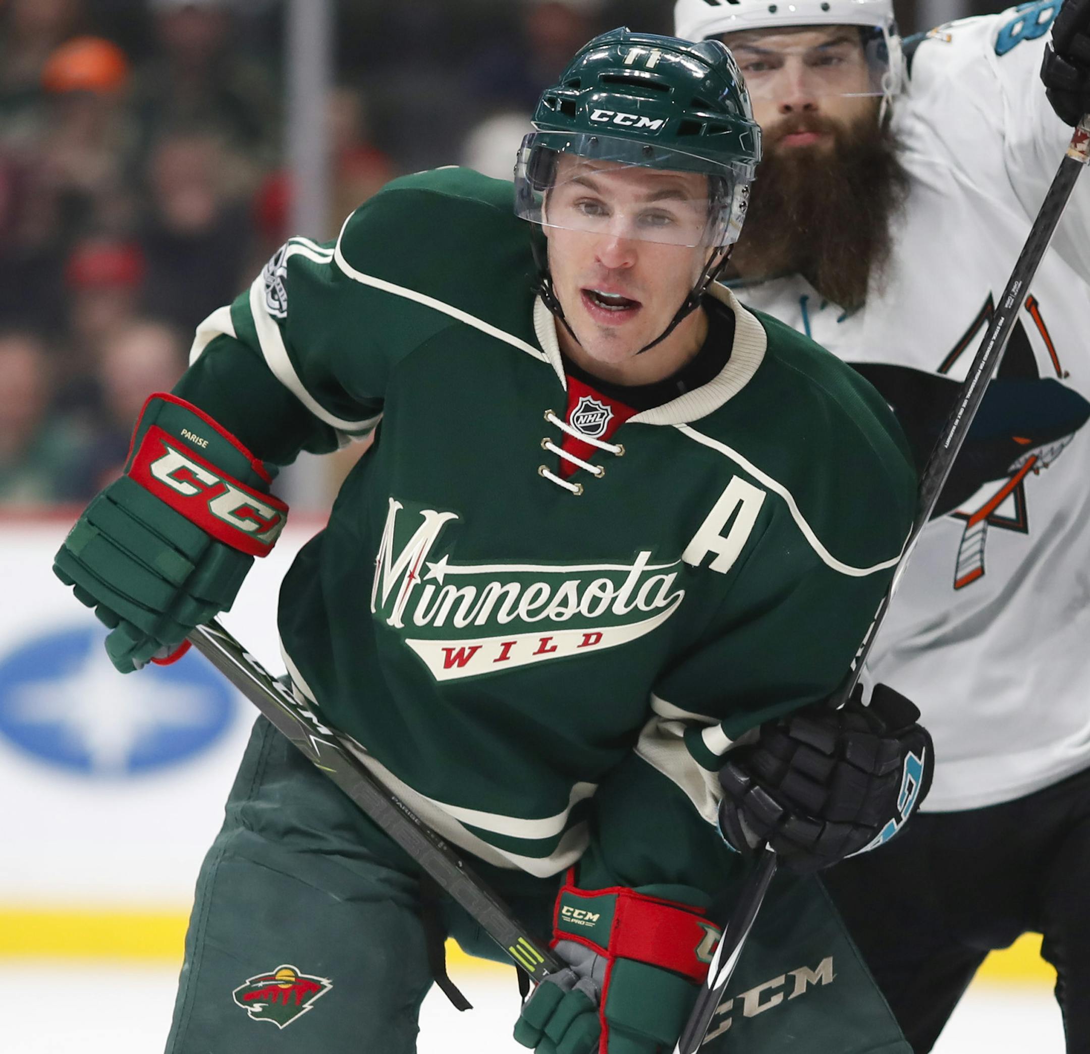 Minnesota Wild left wing Zach Parise (11) hung out in front of the net while the Sharks' Brent Burns (88) defended in the first period. ] JEFF WHEELER ï jeff.wheeler@startribune.com The Minnesota Wild faced the San Jose Sharks in an NHL hockey game Sunday evening, March 5, 2017 at Xcel Energy Center in St. Paul. Prior the game, Carter Casey was Make-A-Wish Minnesota's 5000th wish recipient when he was signed to a one-day contract by Wild head coach Bruce Boudreau. Casey, of Breckenridge, is