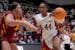 Stanford forward Kiki Iriafen (44) drives to the basket against Iowa State center Audi Crooks during the second half Sunday. One game after Crooks sco