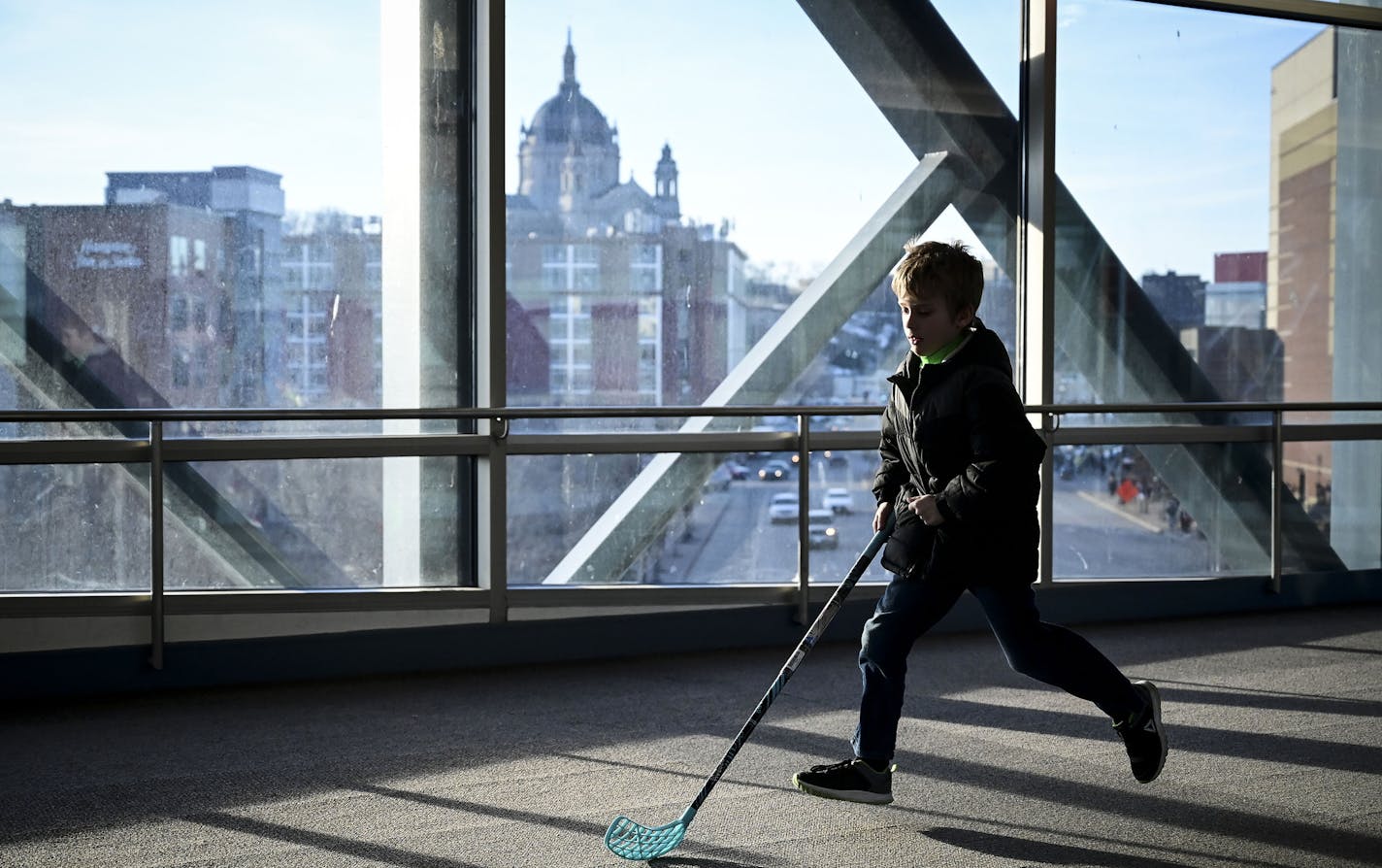 Calvin Boughton, 8, of Isanti, played some skyway hockey as his 11 and 5 year old brothers hung out with their father nearby Friday at St. Paul RiverCentre. ] Aaron Lavinsky &#x2022; aaron.lavinsky@startribune.com Hill-Murray played St. Thomas Academy in a Class 2A state tournament semifinal game on Friday, March 6, 2020 at the Xcel Energy Center in St. Paul, Minn. ORG XMIT: MIN2003071502463540