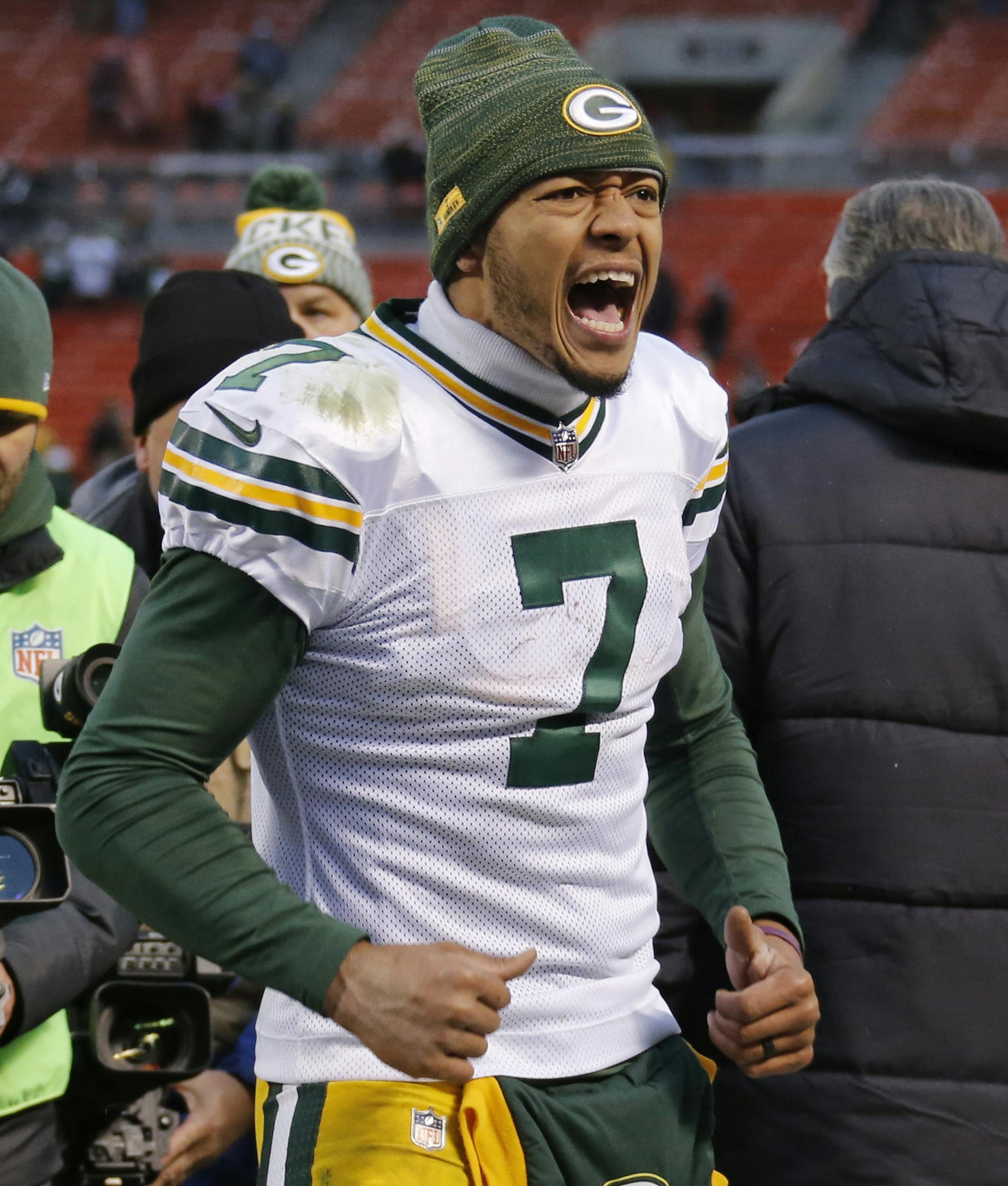 Green Bay Packers quarterback Brett Hundley reacts after defeating the Cleveland Browns in an NFL football game, Sunday, Dec. 10, 2017, in Cleveland. (AP Photo/Ron Schwane)