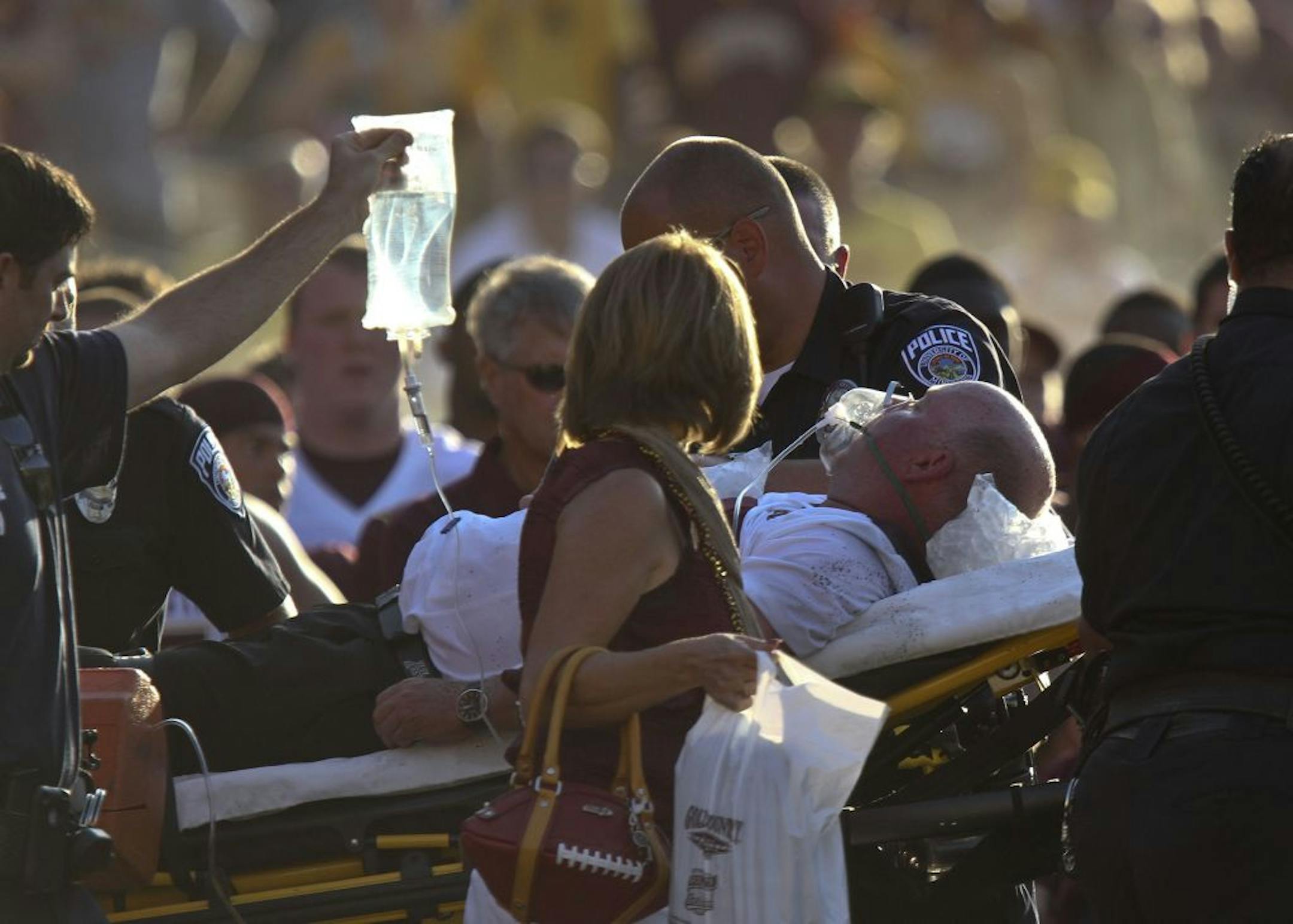 Gopher Head Coach Jerry Kill was carted off by medics after he had a seizure near the end of the game at TCF Bank Stadium in Minneapolis, Minn., Saturday, September 10, 2011. New Mexico State won 28-21.