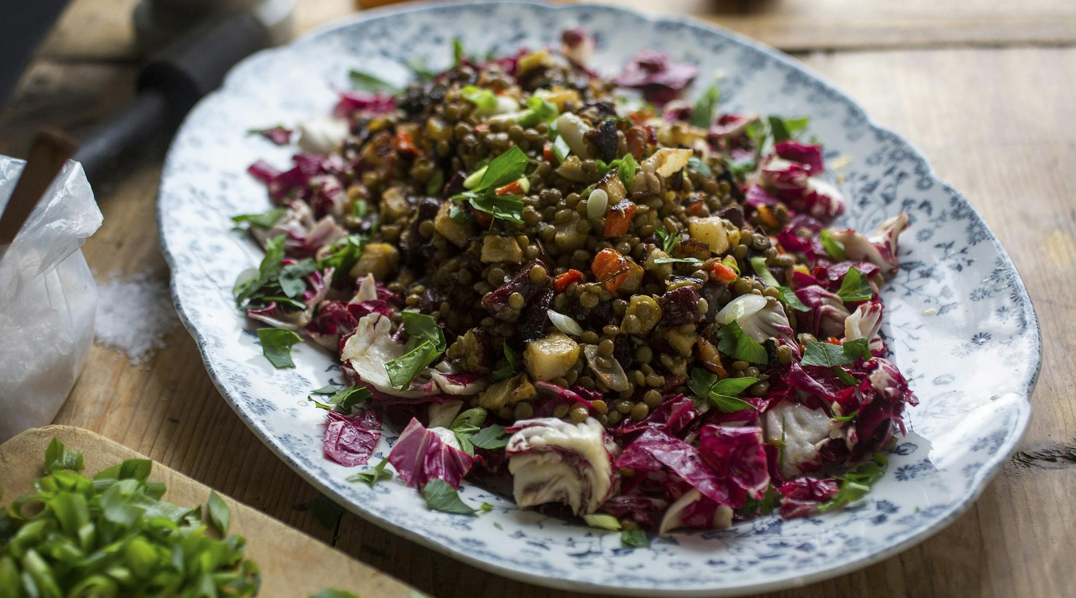 A lentil salad with roasted root vegetables, radicchio and bacon, prepared in New York, Jan. 6, 2015. The bulk of lentils makes this recipe a veritable mountain of salad, making it an excellent dish for a party or leftovers. (Andrew Scrivani/The New York Times) ORG XMIT: XNYT47