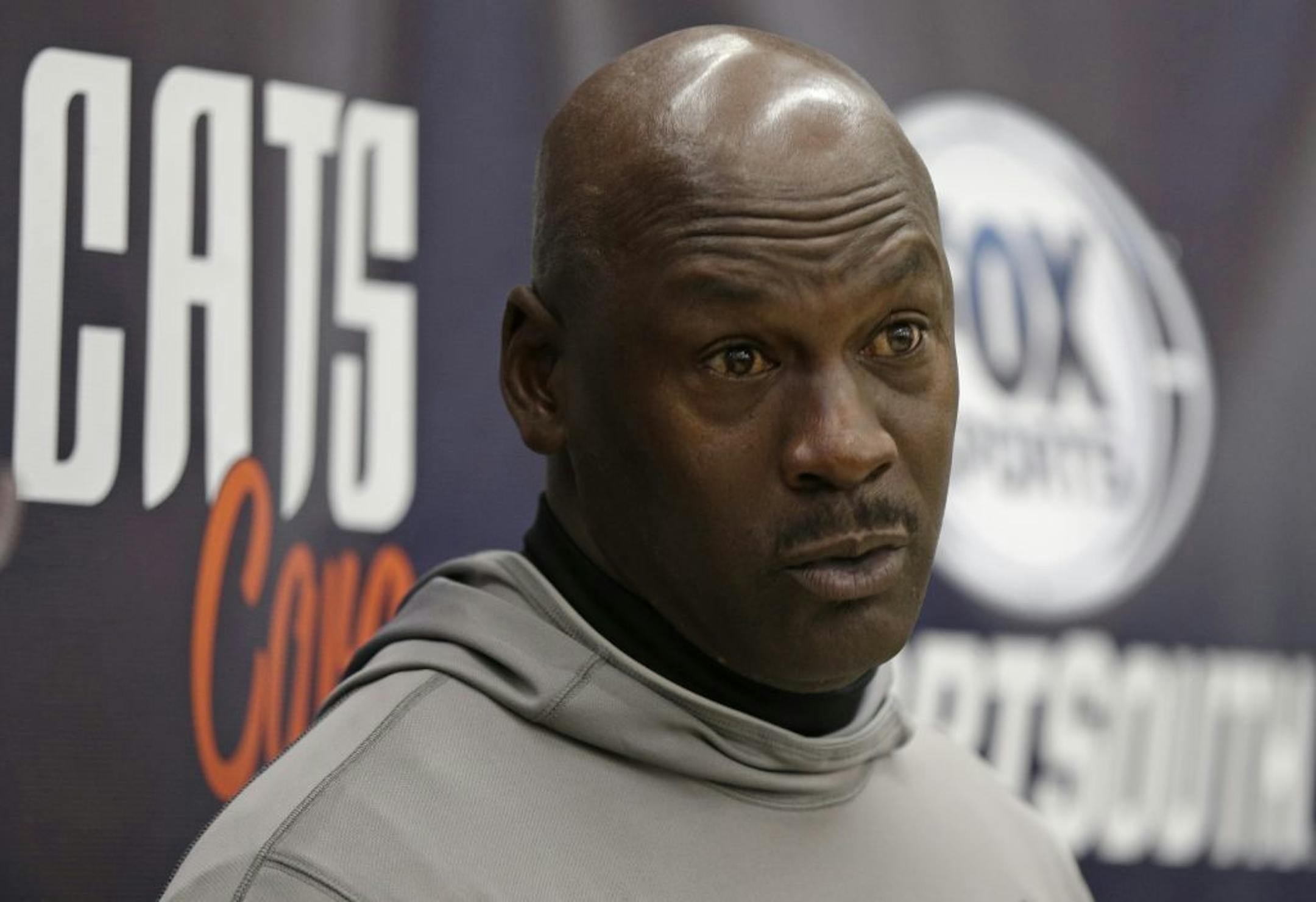 Charlotte Bobcats owner Michael Jordan speaks to the media during an announcement in Charlotte, N.C., Thursday, March 21, 2013. The Bobcats along with Fox Sports South announced a $200,000 sponsorship of Y Achievers, a YMCA of Greater Charlotte program that operates in partnership with Charlotte-Mecklenburg Schools.