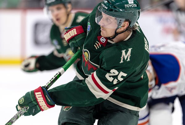 Wild defenseman Jonas Brodin (25) was a welcome sight on the ice Monday night when he returned from a 17-game absence to face the Islanders in a 5-0 w