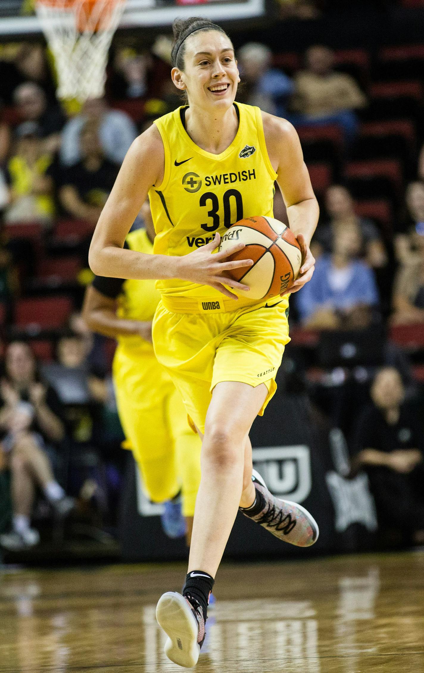 Seattle Storm's Breanna Stewart smiles as she dribbles down the court after blocking a Dallas Wings shot on Sunday, Aug. 19, 2018 at Key Arena in Seattle, Wash. The Storm beat the Wings 84-68. (Rebekah Welch/Seattle Times/TNS) ORG XMIT: 1238529